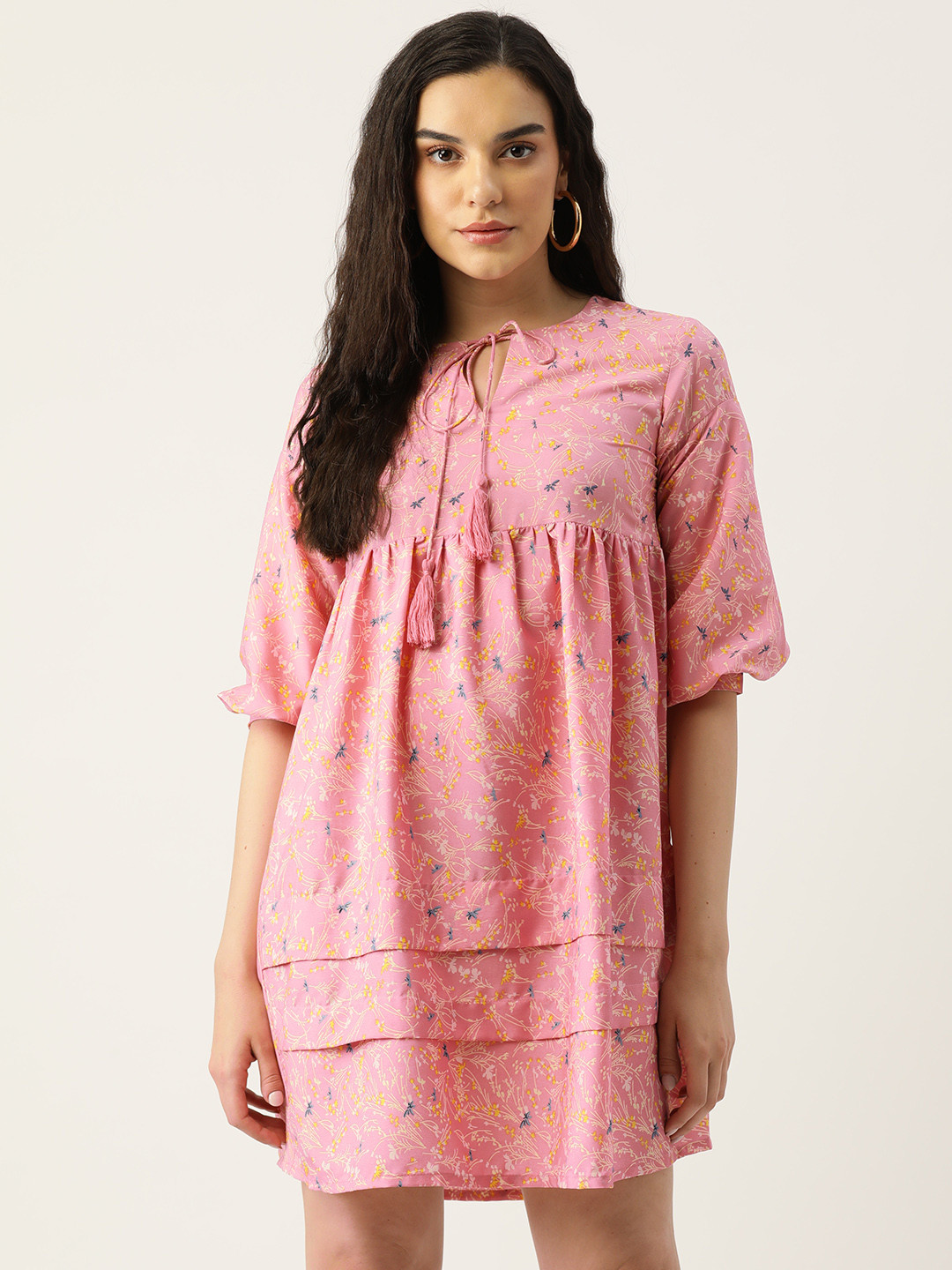 

Rue Collection Floral Print Tie-Up Neck Layered A-Line Dress, Pink