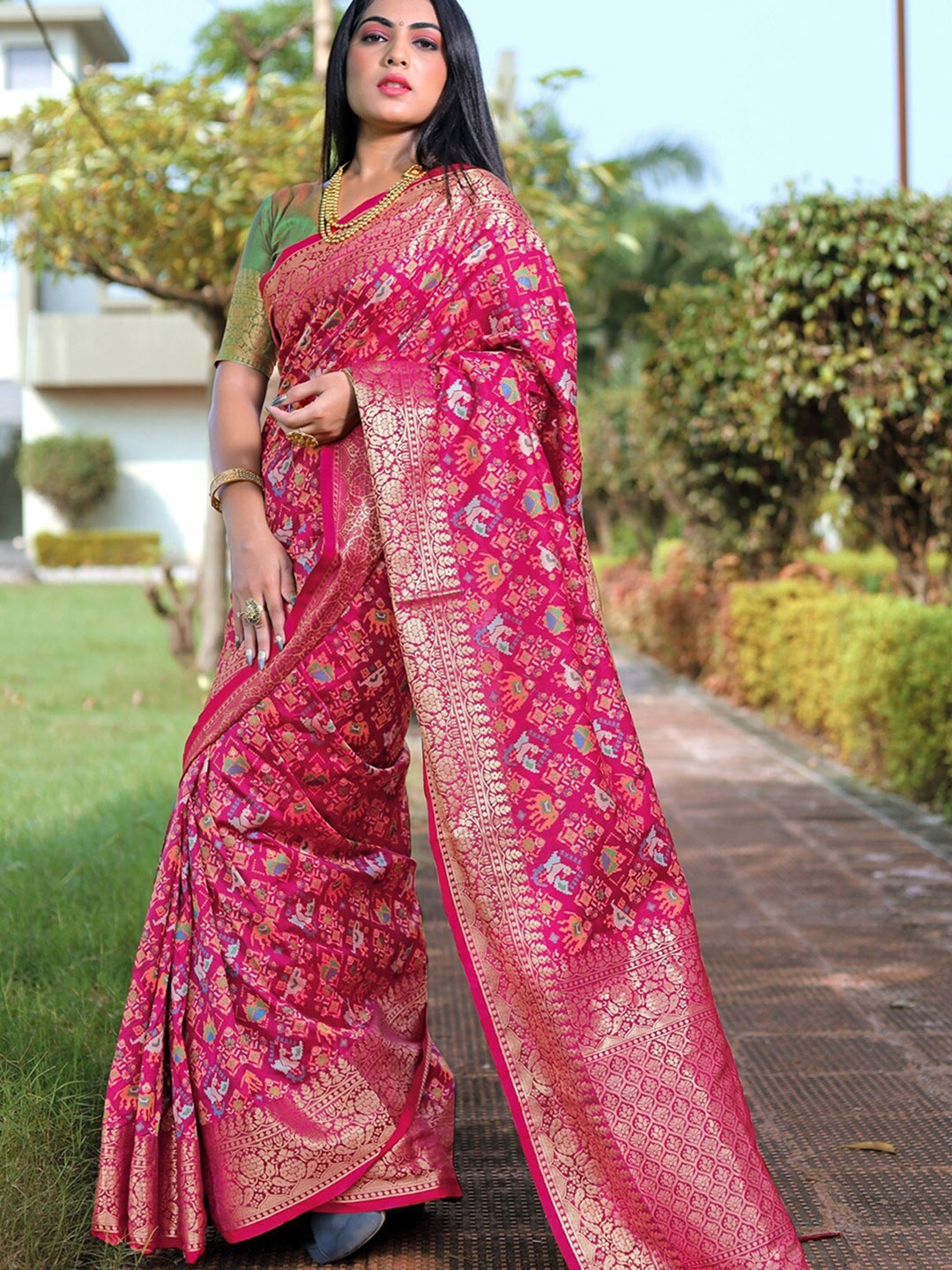 

Anouk Pink Ethnic Motifs Woven Design Pure Silk Patola Saree