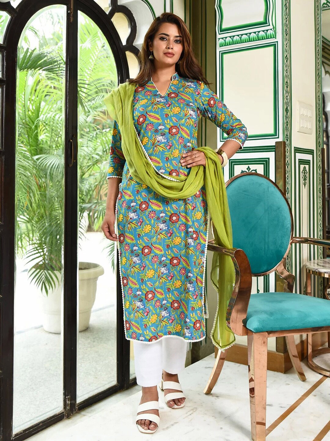 

SKYLEE Floral Printed Regular Kurta with Trousers & With Dupatta, Turquoise blue