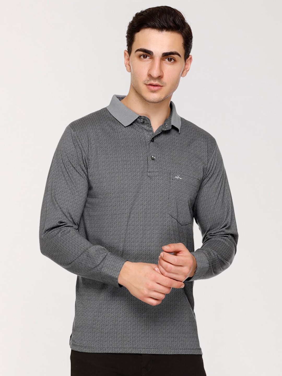 

ARRAY Micro Ditsy Printed Polo Collar Cotton T-shirt, Grey