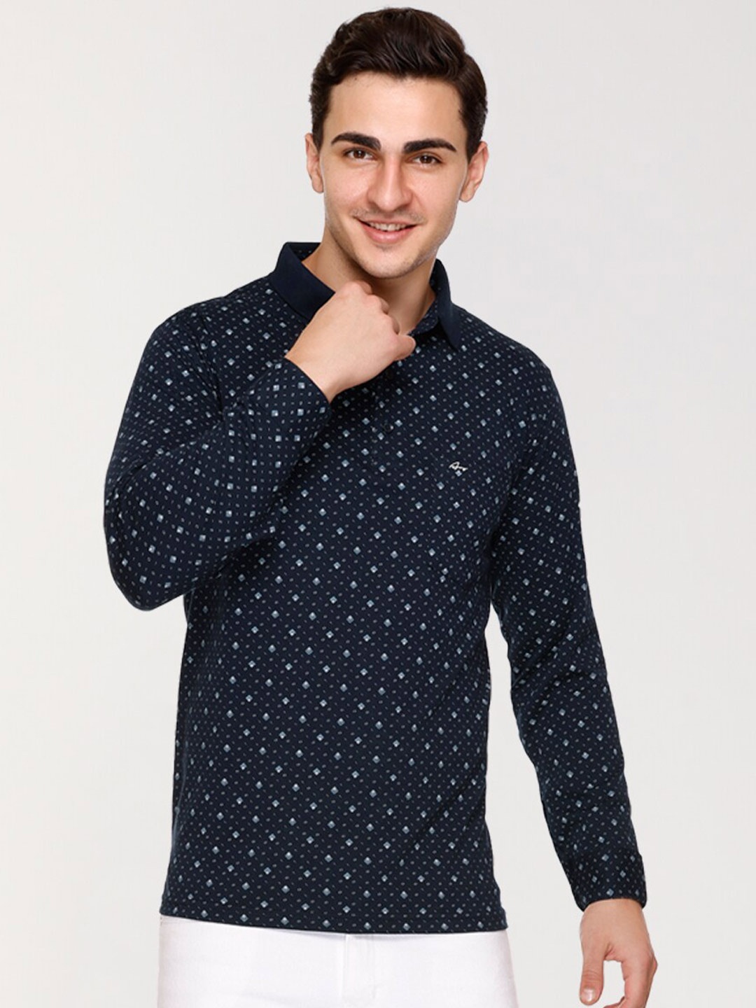 

ARRAY Micro Ditsy Printed Polo Collar Cotton T-shirt, Navy blue