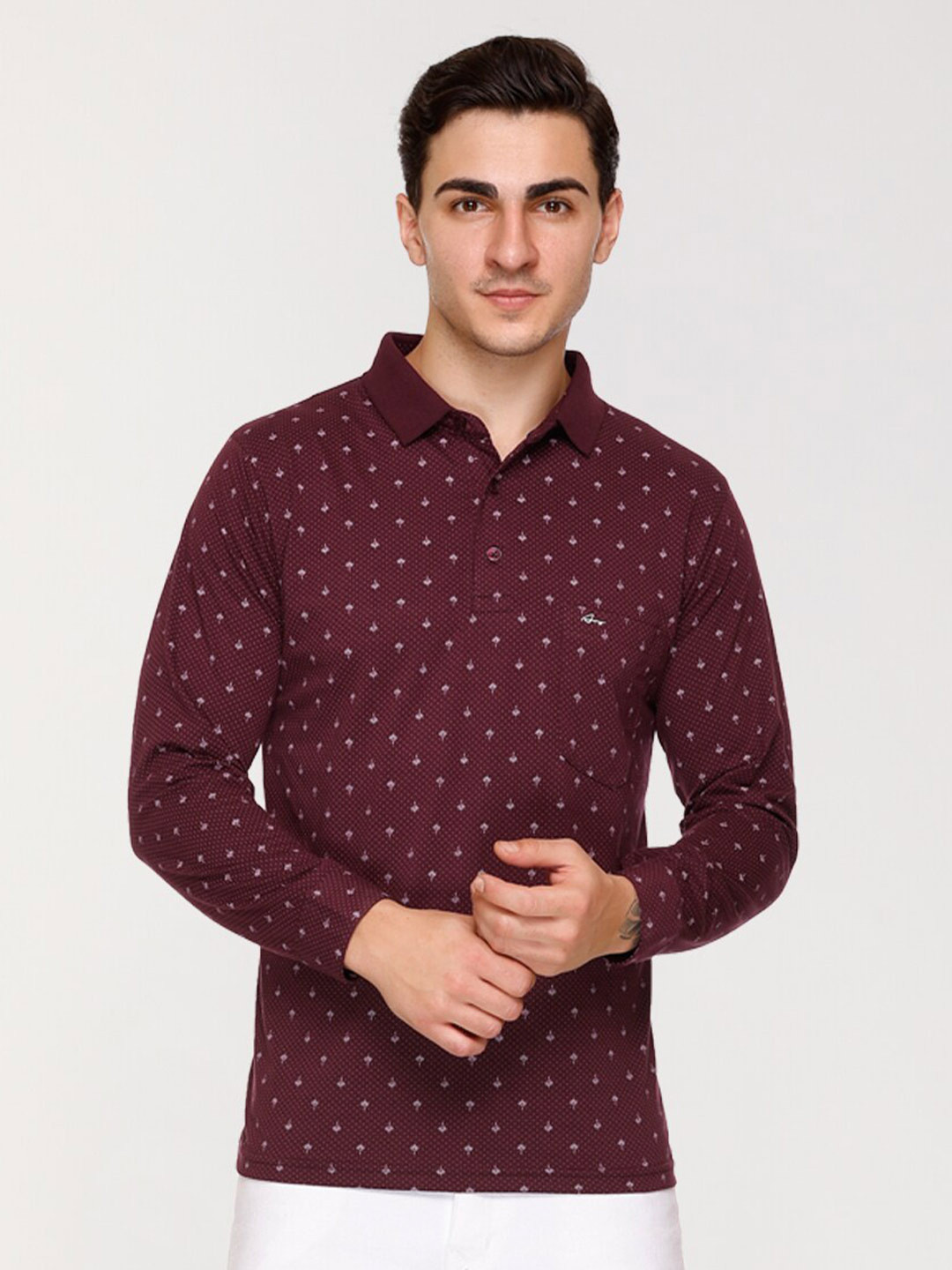 

ARRAY Micro Ditsy Printed Polo Collar Cotton T-shirt, Maroon