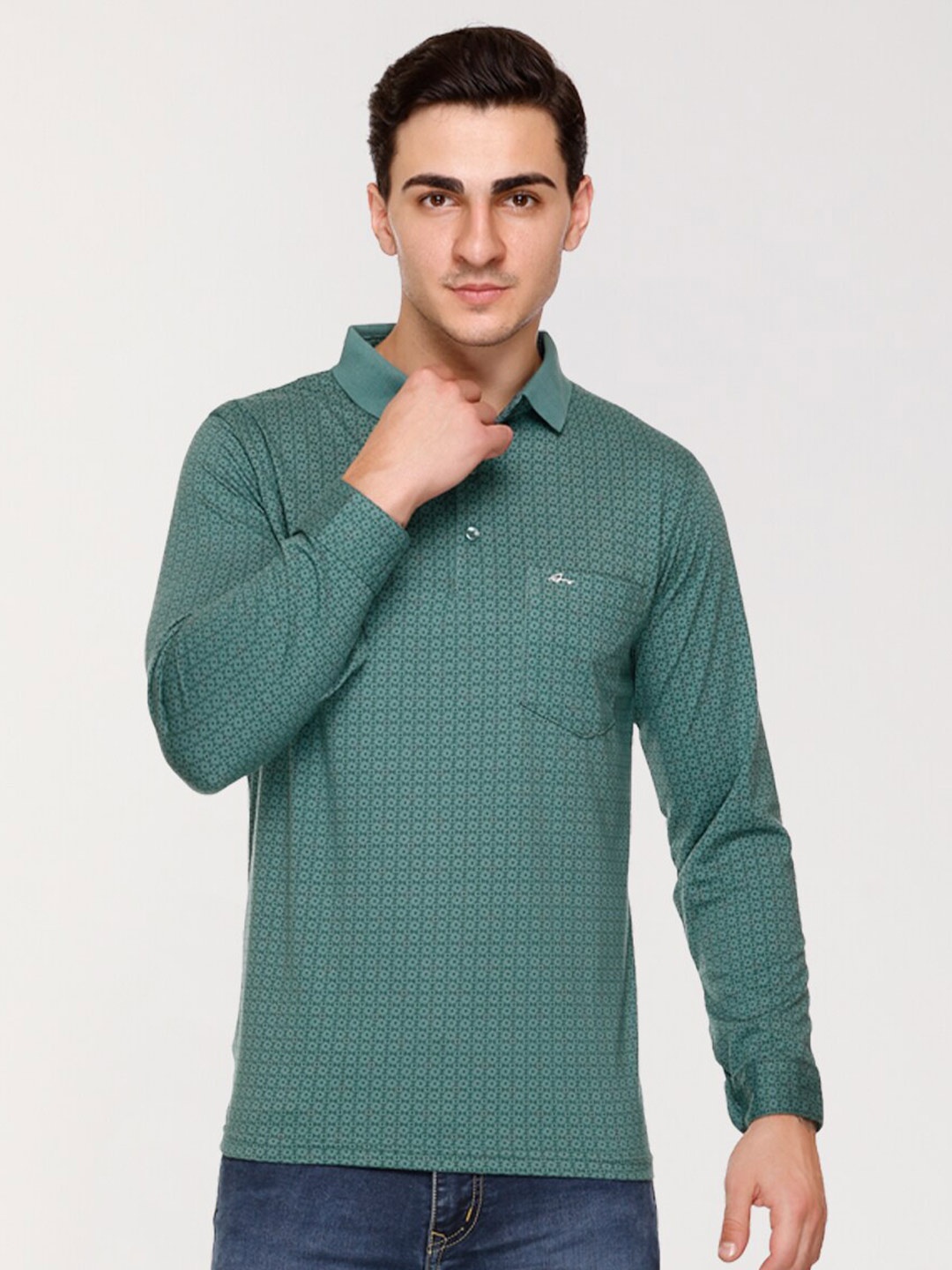 

ARRAY Micro Ditsy Printed Polo Collar Cotton T-shirt, Green
