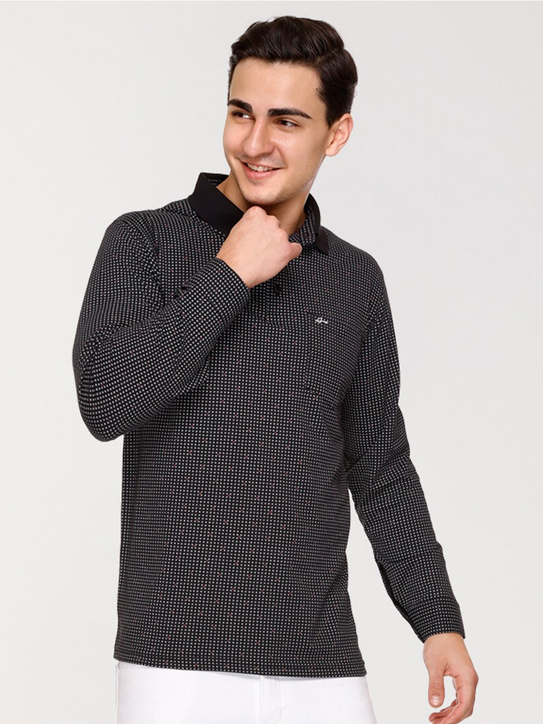

ARRAY Micro Ditsy Printed Polo Collar Cotton T-shirt, Black
