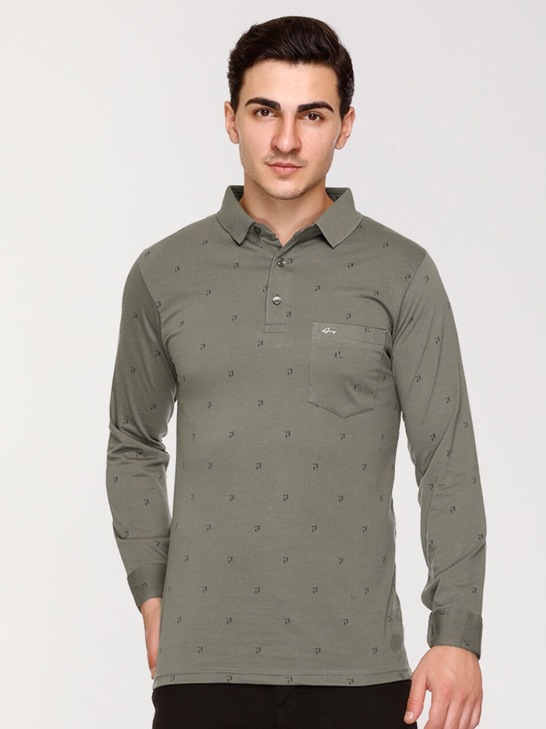 

ARRAY Micro Ditsy Printed Polo Collar Cotton T-shirt, Olive