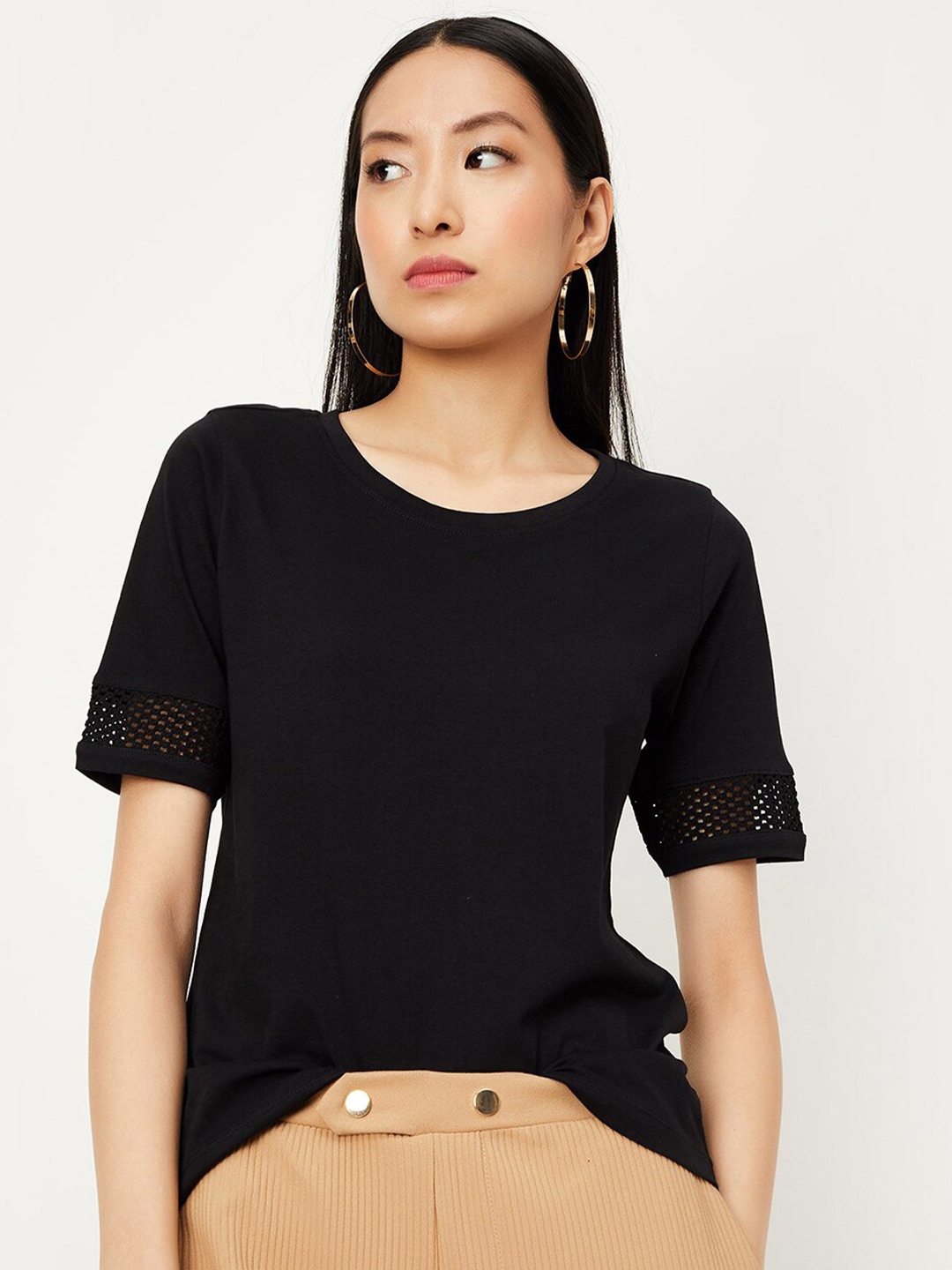 

max Short Sleeves Round Neck Pure Cotton Top, Black