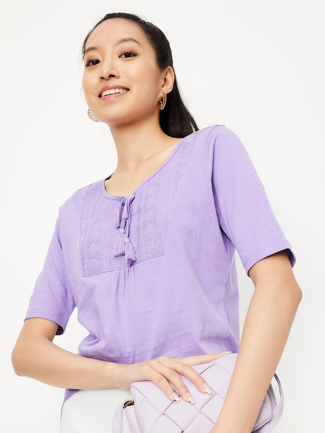 

max Geometric Embroidered Tie-Up Neck Pure Cotton Top, Purple