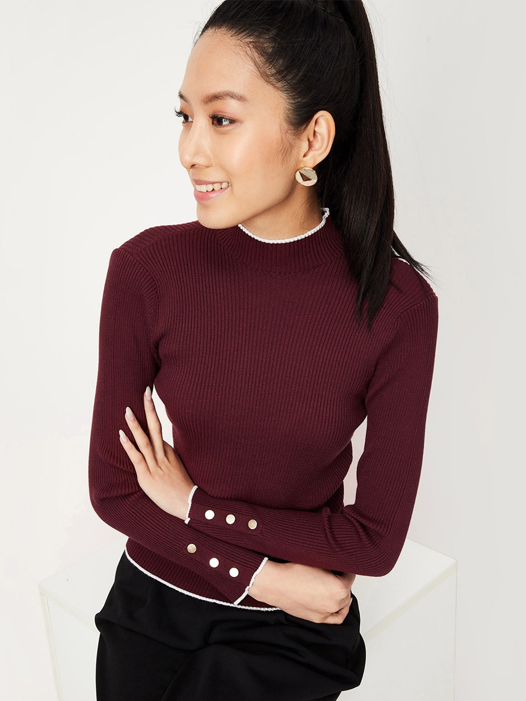 

max Ribbed Cotton Fitted Top, Burgundy