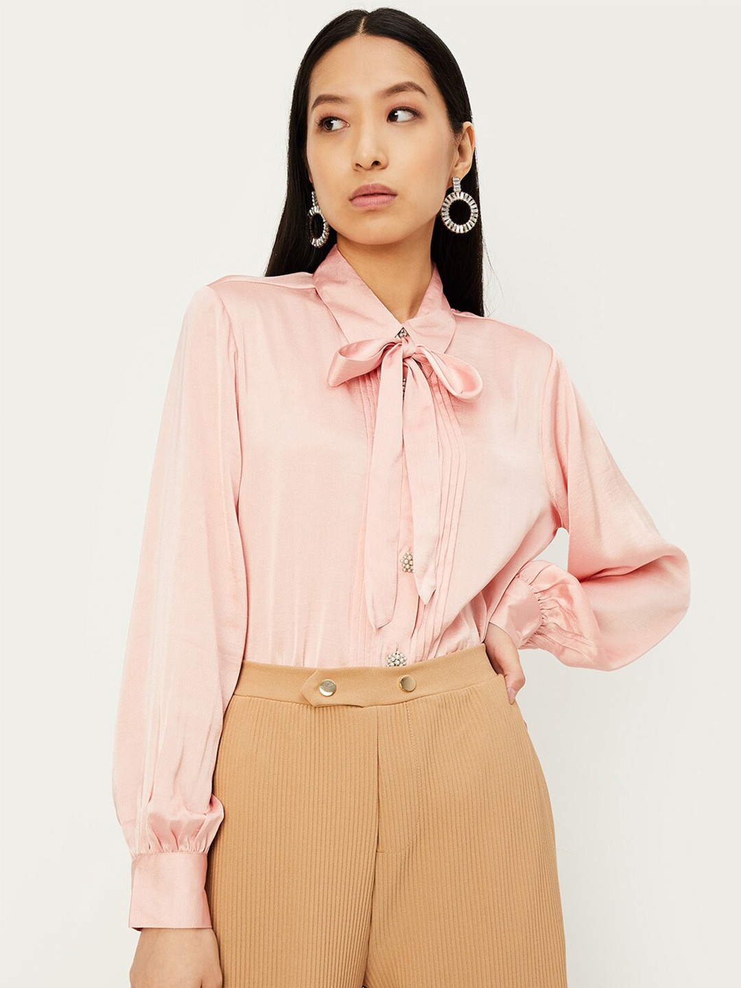 

max Tie-Up Neck Cuffed Sleeves Pleated Shirt Style Top, Pink