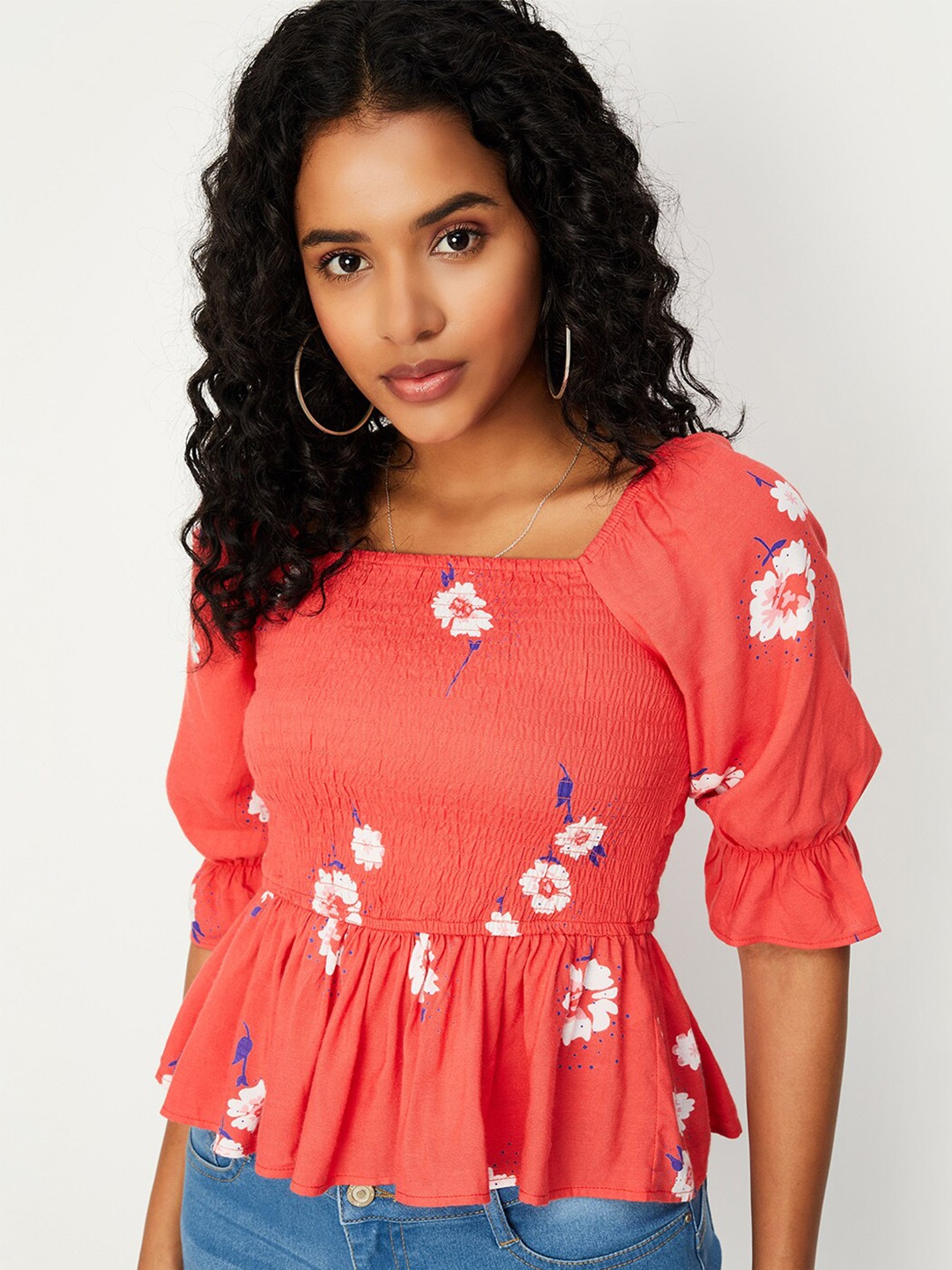 

max Smocked Floral Printed Peplum Top, Orange
