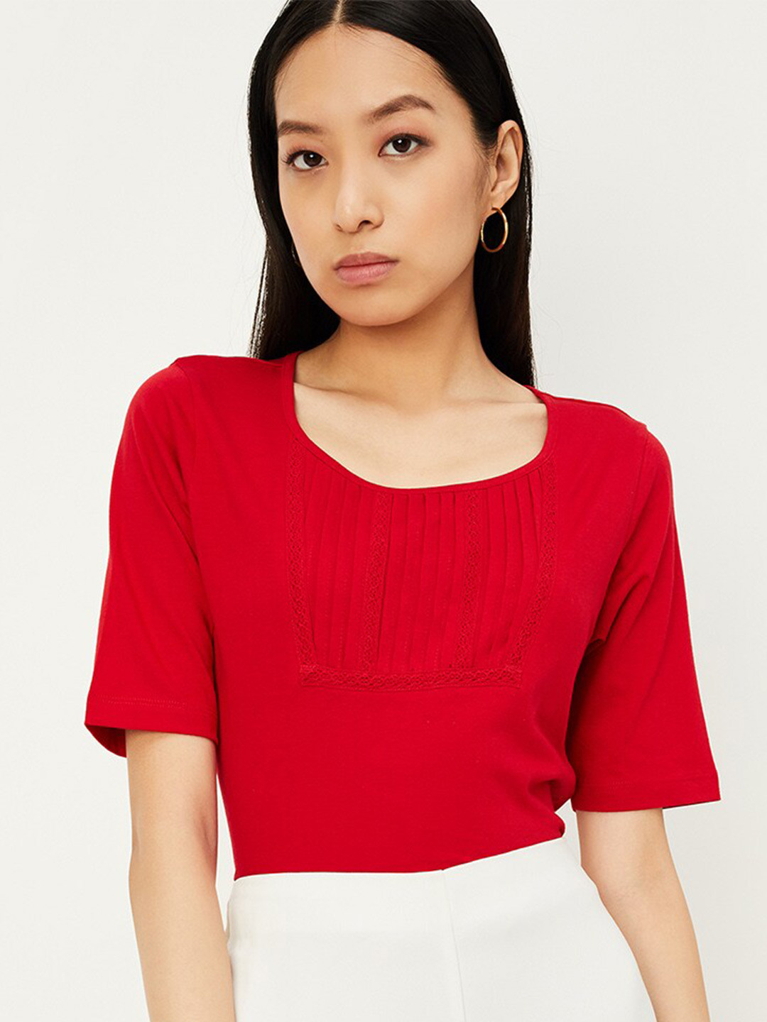 

max Pleated Detail Short Sleeves Pure Cotton Top, Red