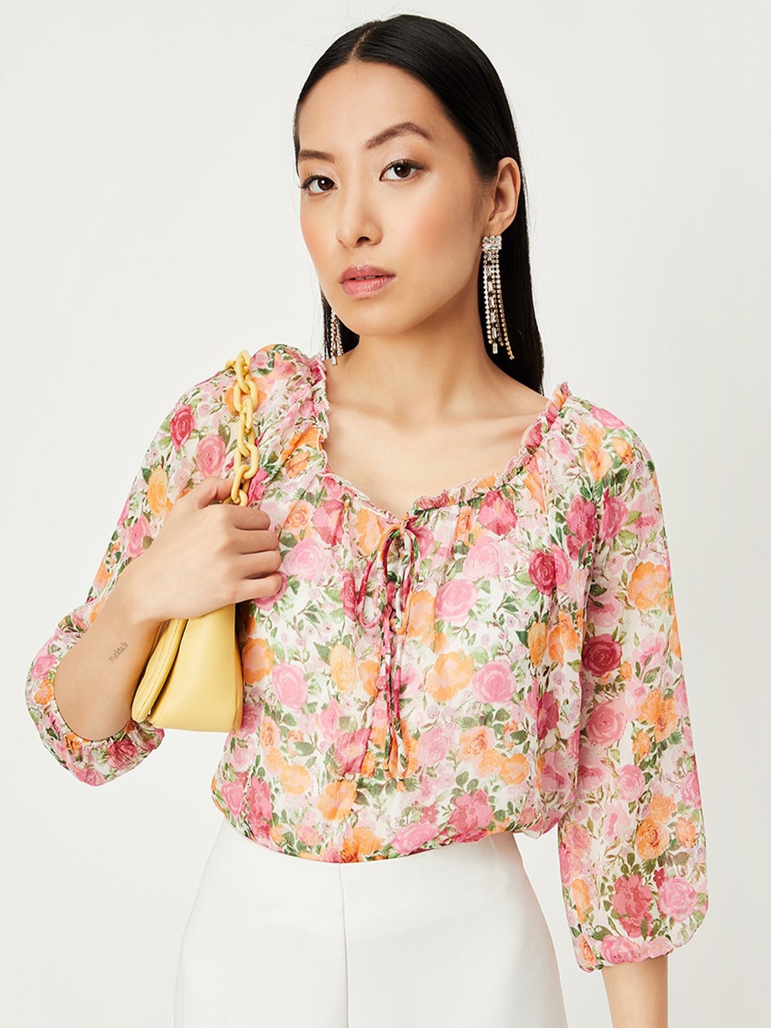 

max Floral Printed Tie-Up Neck Puff Sleeves Top, White