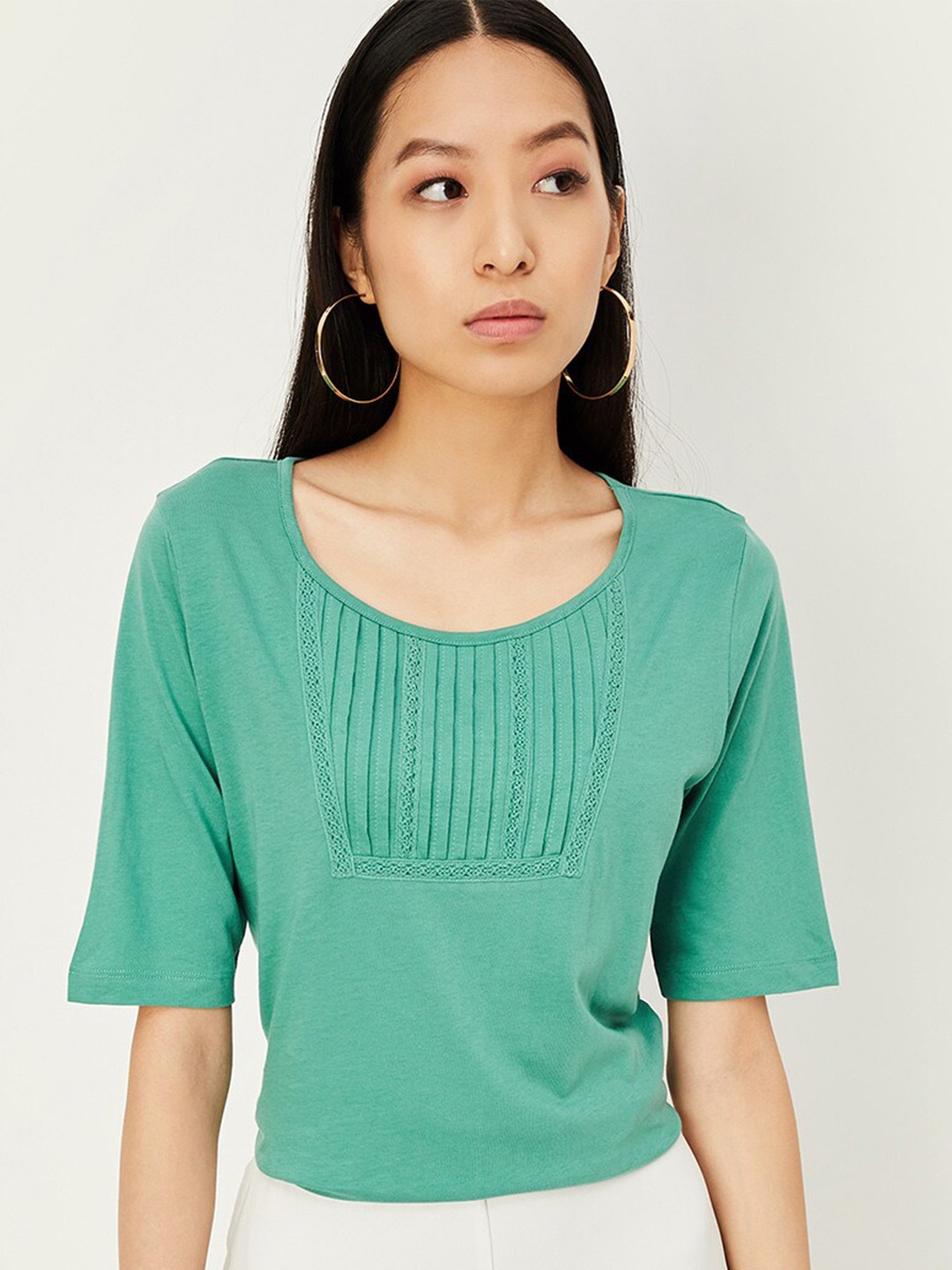 

max Short Sleeves Lace Insert Pure Cotton Top, Green