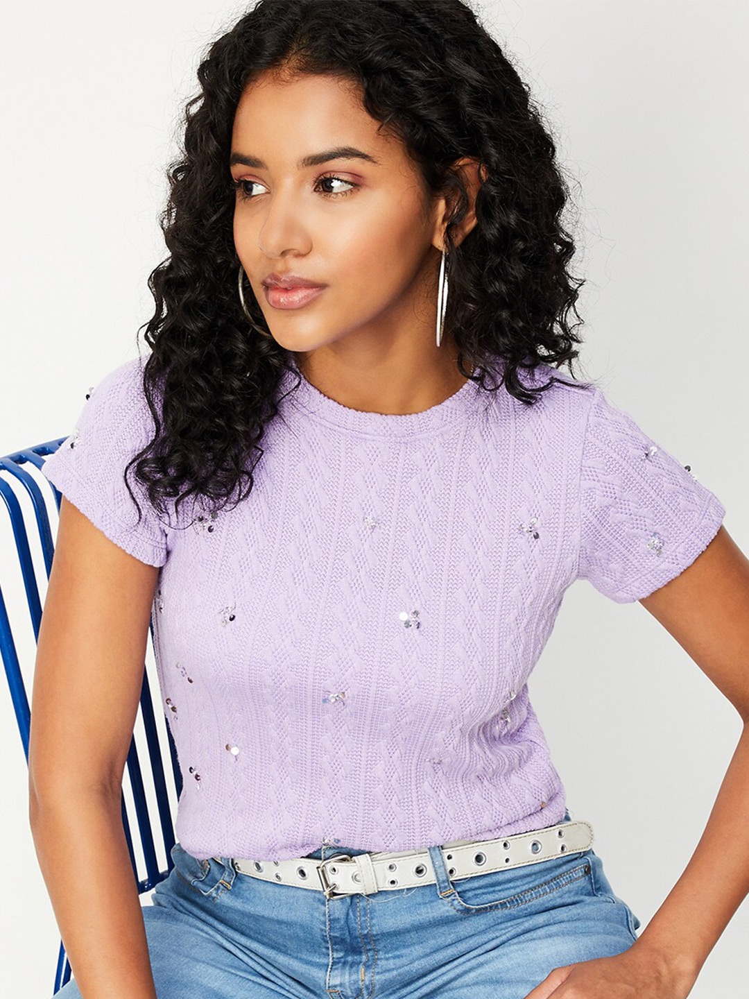 

max Short Sleeves Self Design Sequined Top, Lavender