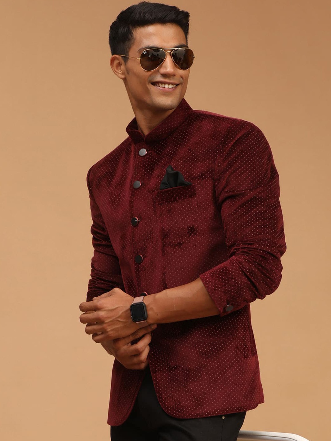 

VASTRAMAY Polka Dot Printed Velvet Mandarin Collar Slim Fit Bandhgala Blazers, Maroon
