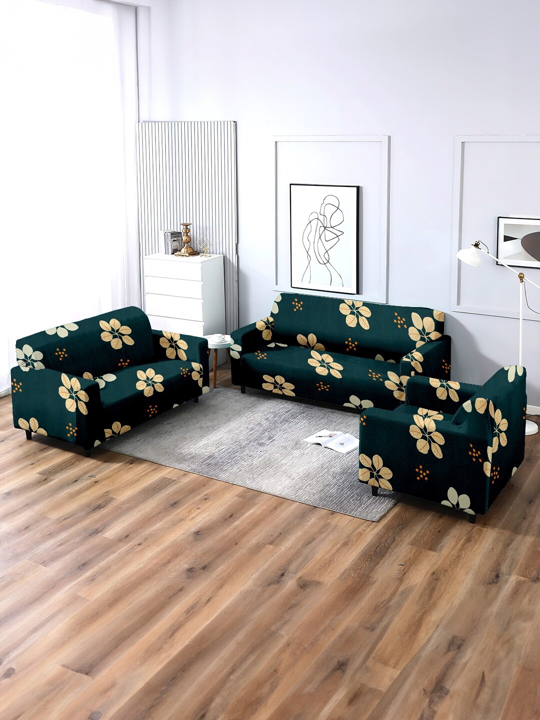 

Cortina 3 Pcs Teal Green & Beige Floral Printed Stretchable Sofa Cover Set