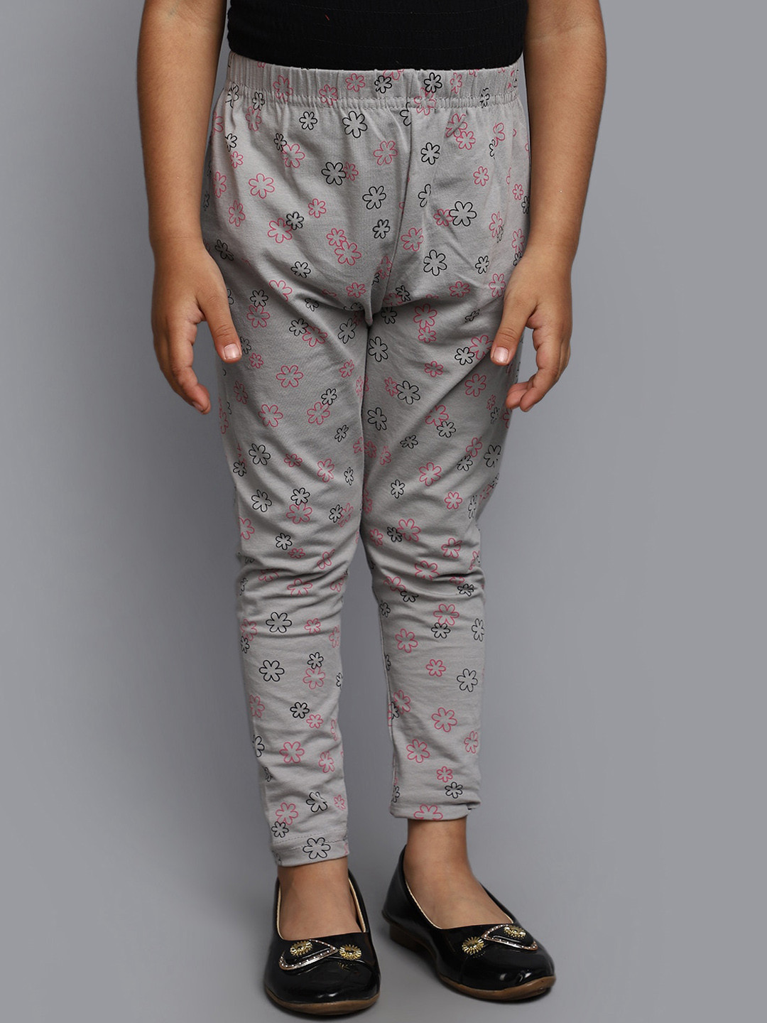 

V-Mart Girls Floral Printed Cotton Ankle Length Leggings, Grey