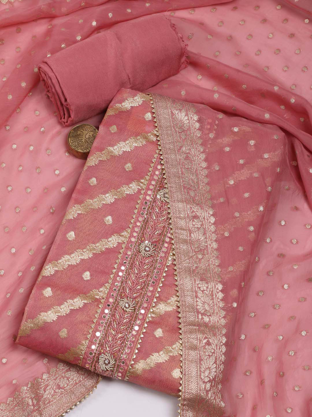 

Meena Bazaar Ethnic Motifs Woven Design Zari Unstitched Dress Material, Coral