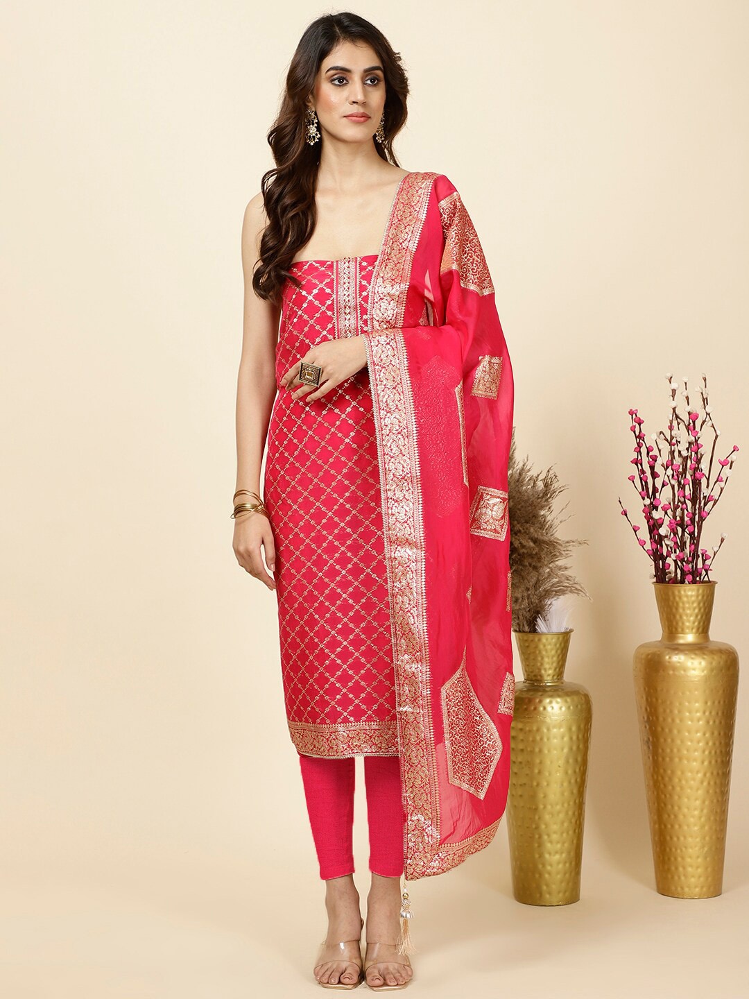 

Meena Bazaar Floral Woven Design Organza Unstitched Dress Material, Pink