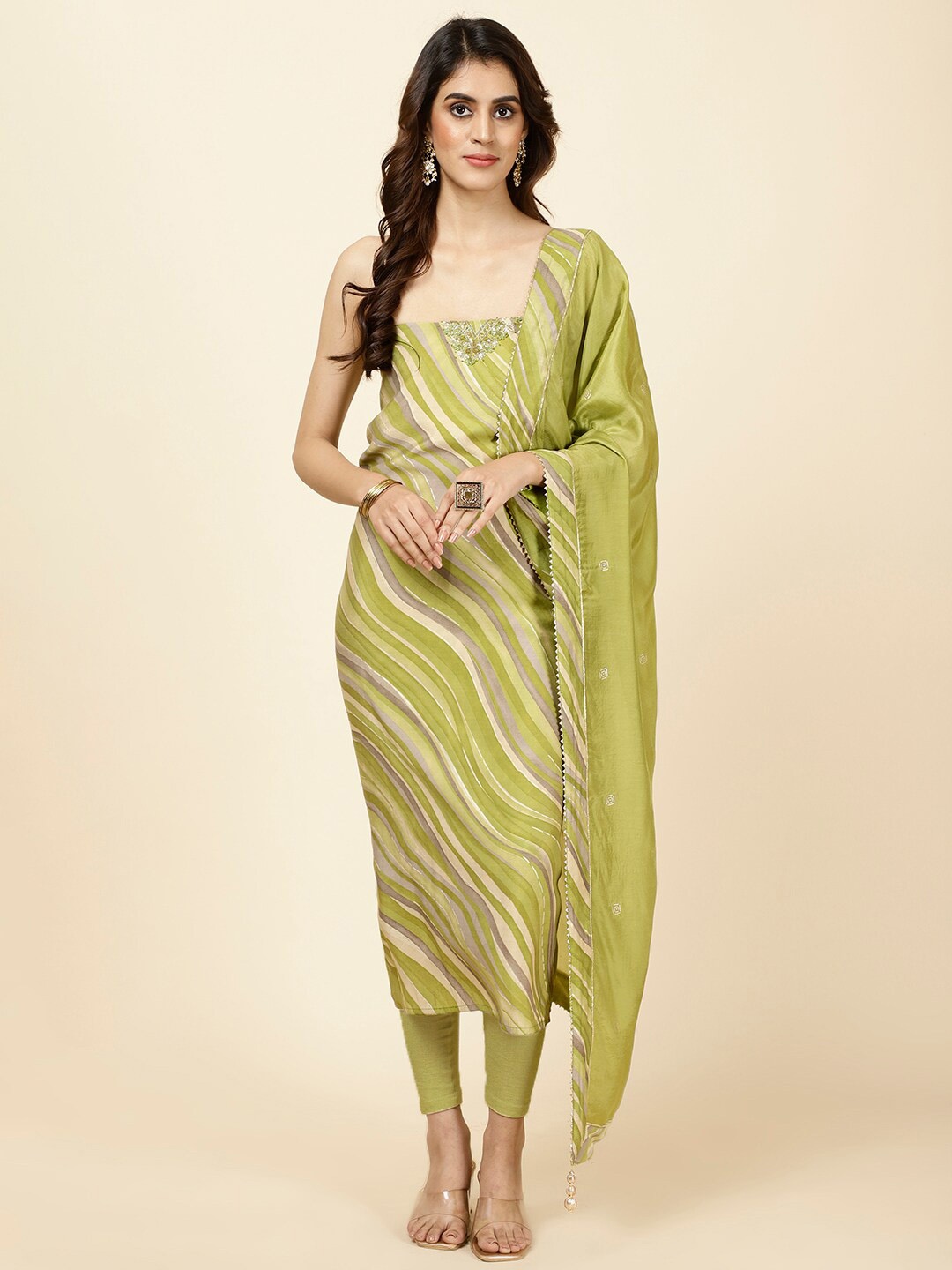 

Meena Bazaar Leheriya Printed Unstitched Dress Material, Green