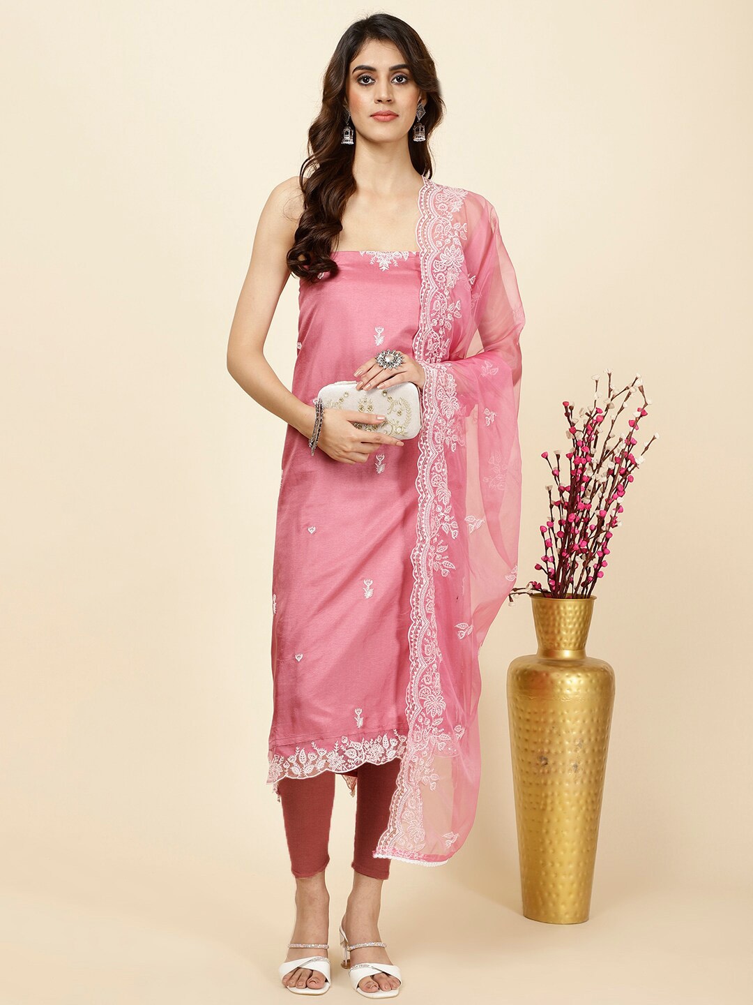 

Meena Bazaar Floral Embroidered Unstitched Dress Material, Pink