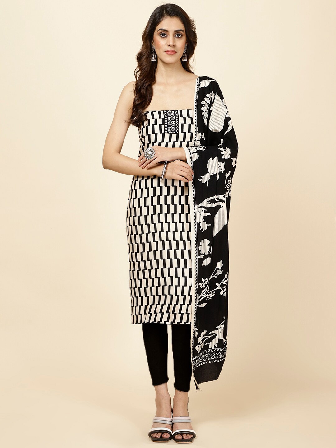 

Meena Bazaar Geometric Printed Unstitched Dress Material, Cream