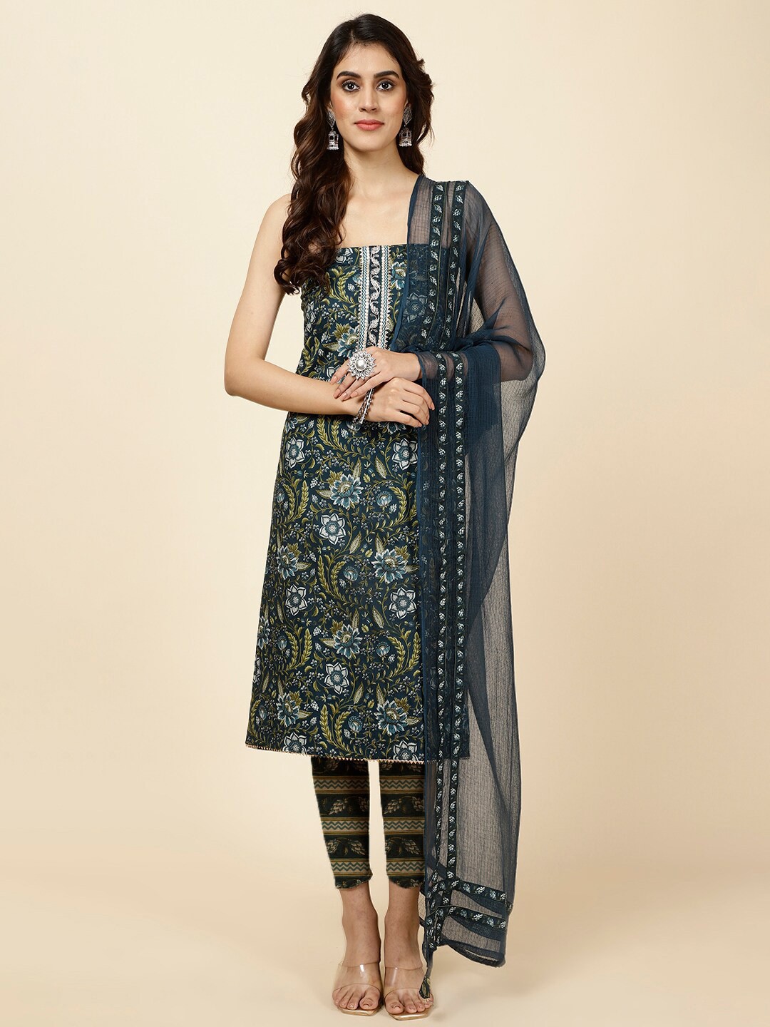 

Meena Bazaar Floral Printed Unstitched Dress Material, Navy blue