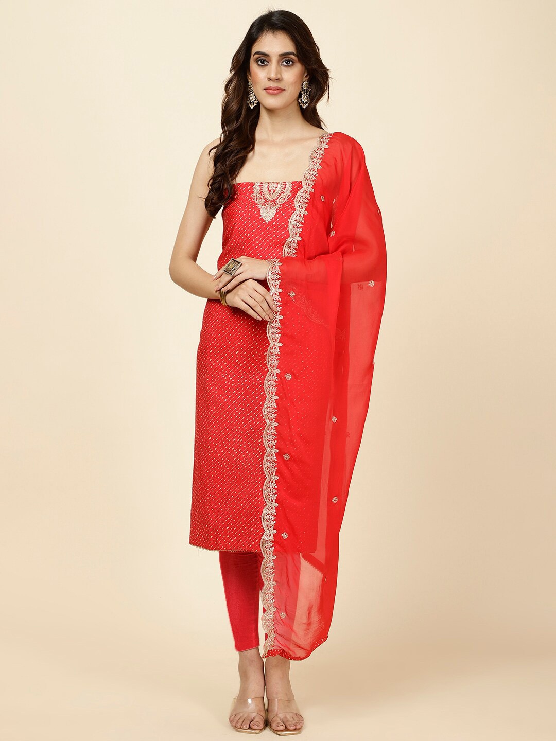 

Meena Bazaar Geometric Printed Zari Unstitched Dress Material, Red