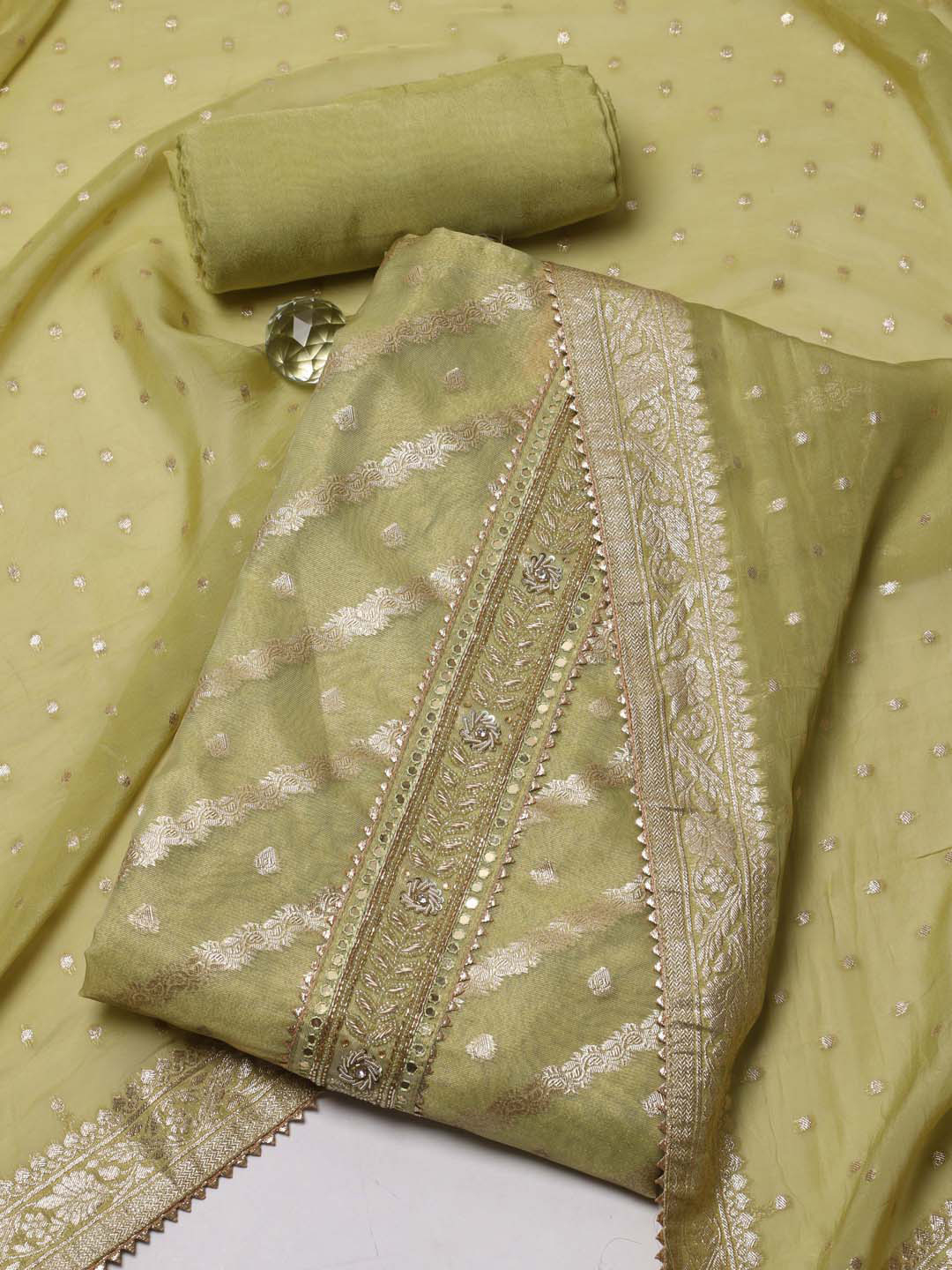 

Meena Bazaar Leheriya Woven Design Zari Unstitched Dress Material, Green