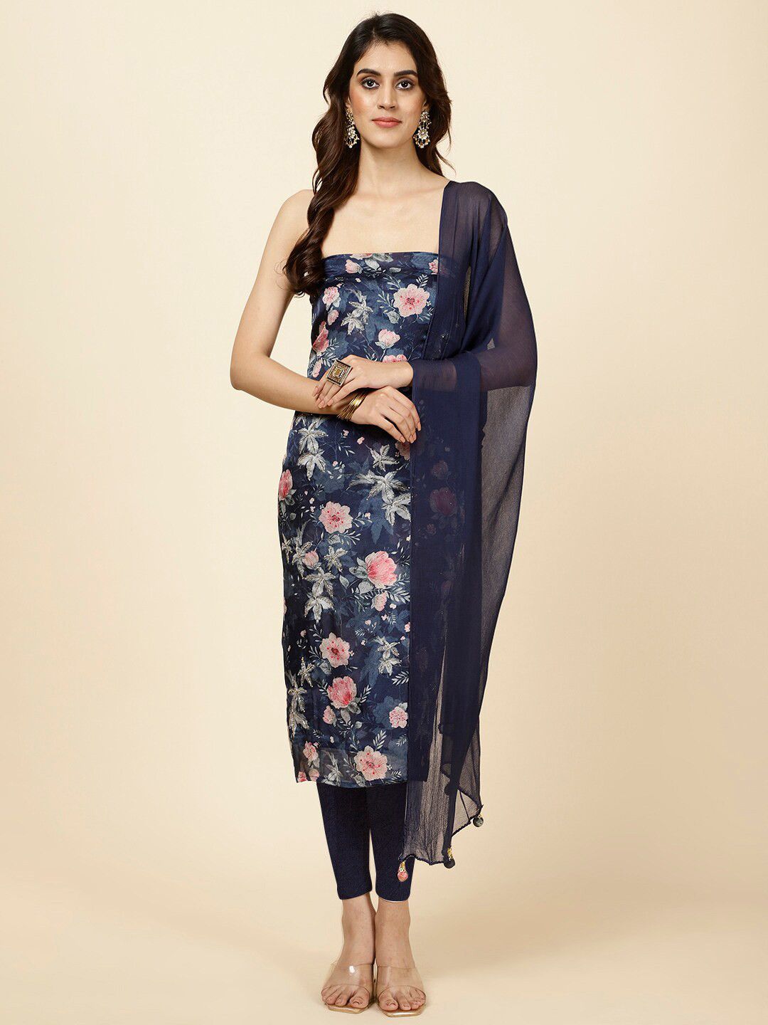 

Meena Bazaar Floral Printed Unstitched Dress Material, Navy blue