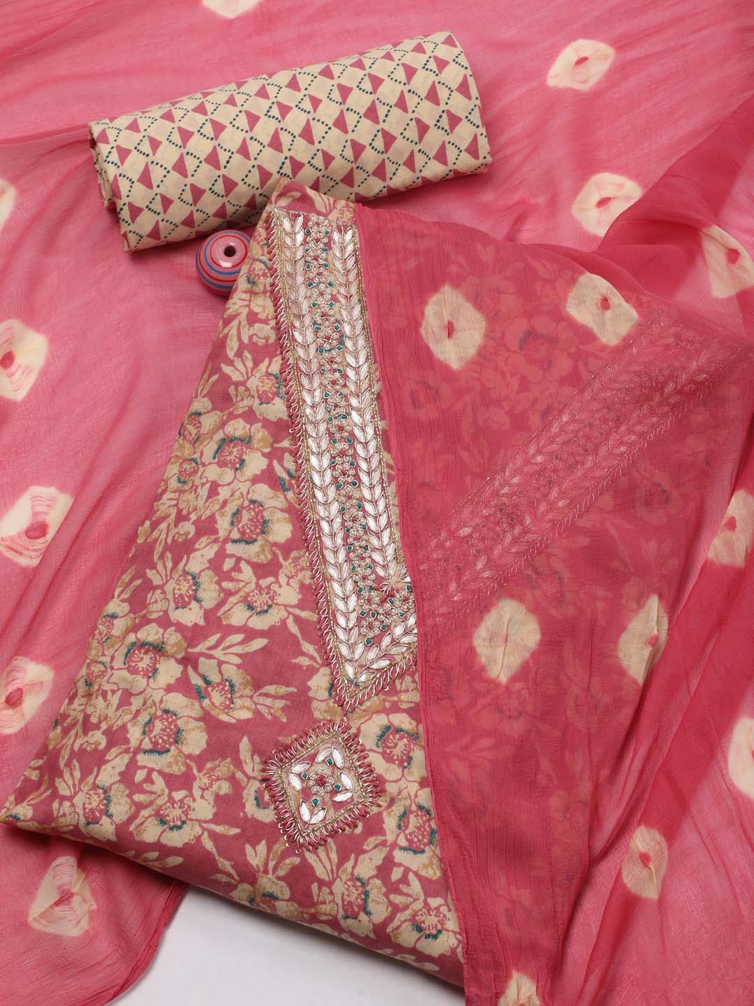 

Meena Bazaar Floral Printed Beads & Stones Unstitched Dress Material, Pink
