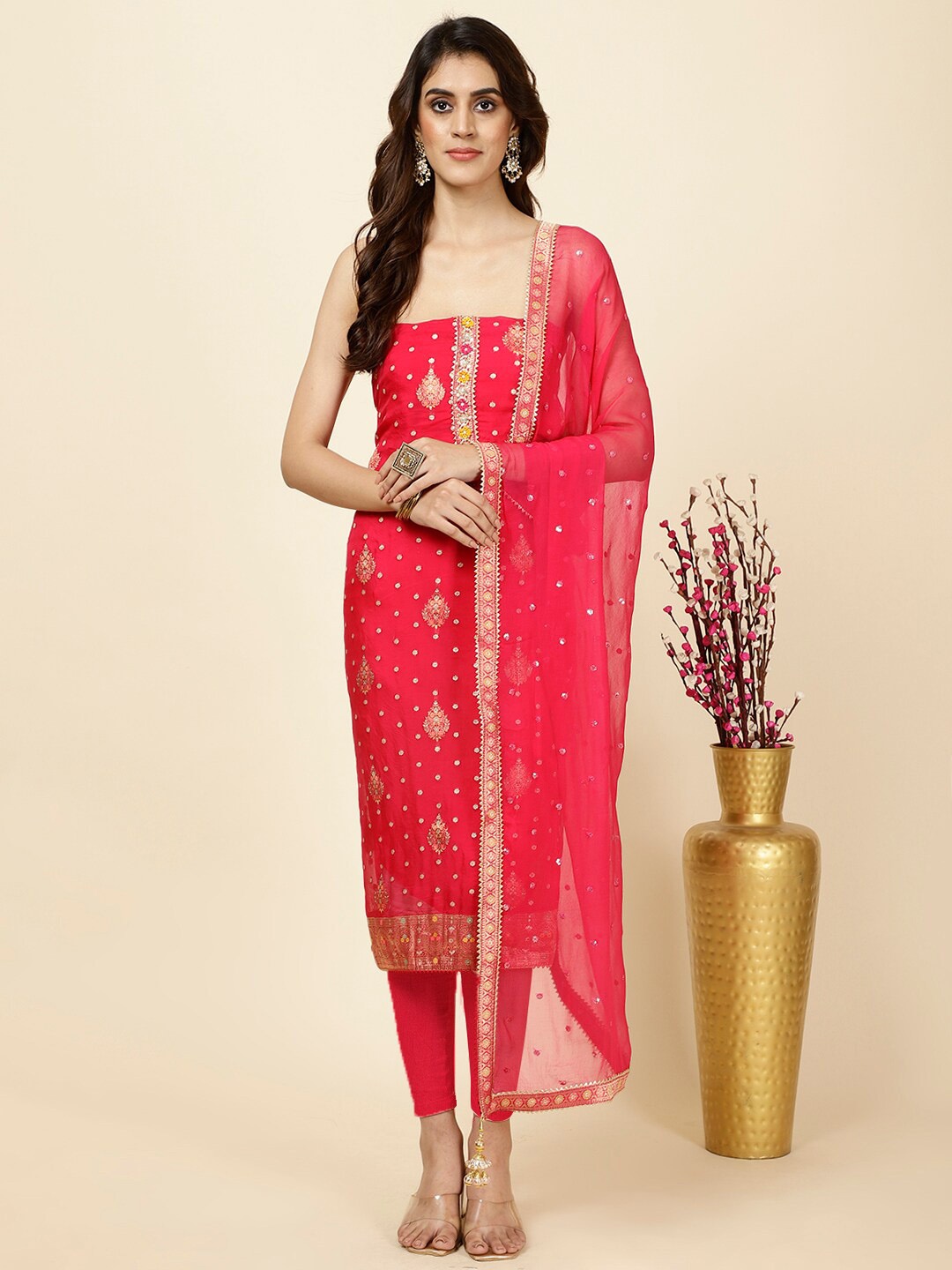 

Meena Bazaar Ethnic Motifs Woven Design Unstitched Dress Material, Pink