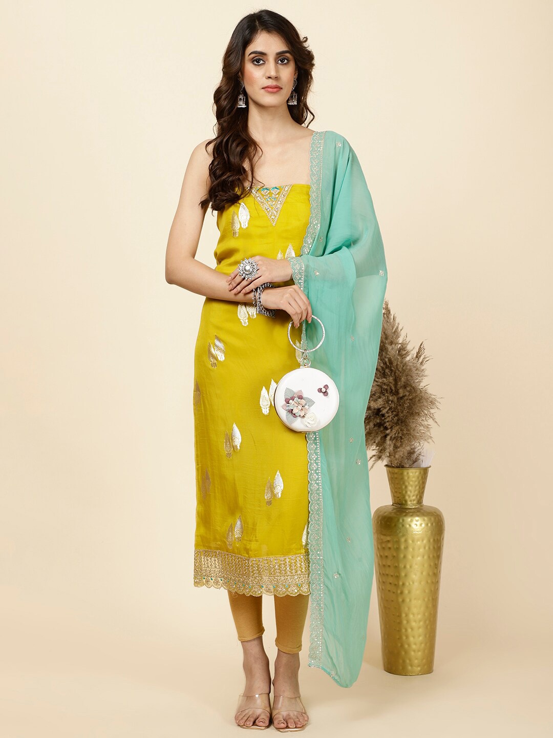 

Meena Bazaar Ethnic Motifs Woven Design Unstitched Dress Material, Mustard