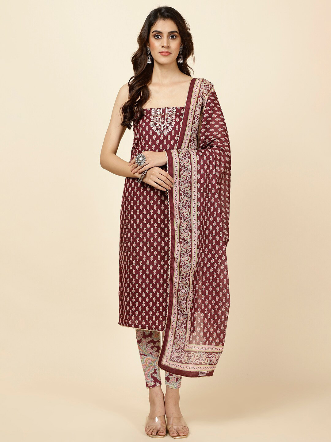 

Meena Bazaar Floral Printed Cotton Gotta Patti Unstitched Dress Material, Magenta