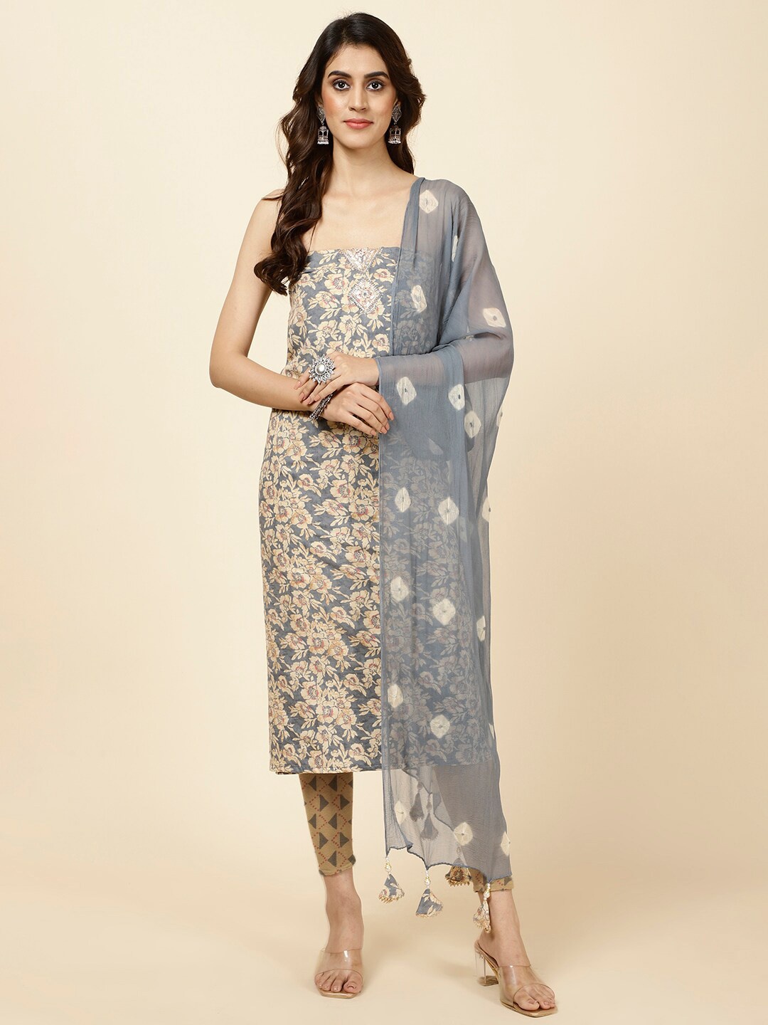 

Meena Bazaar Floral Printed Unstitched Dress Material, Grey