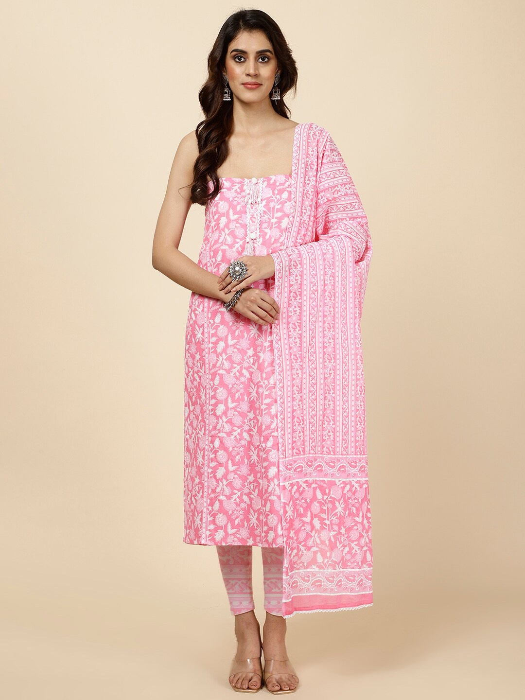 

Meena Bazaar Floral Printed Pure Cotton Unstitched Dress Material, Pink