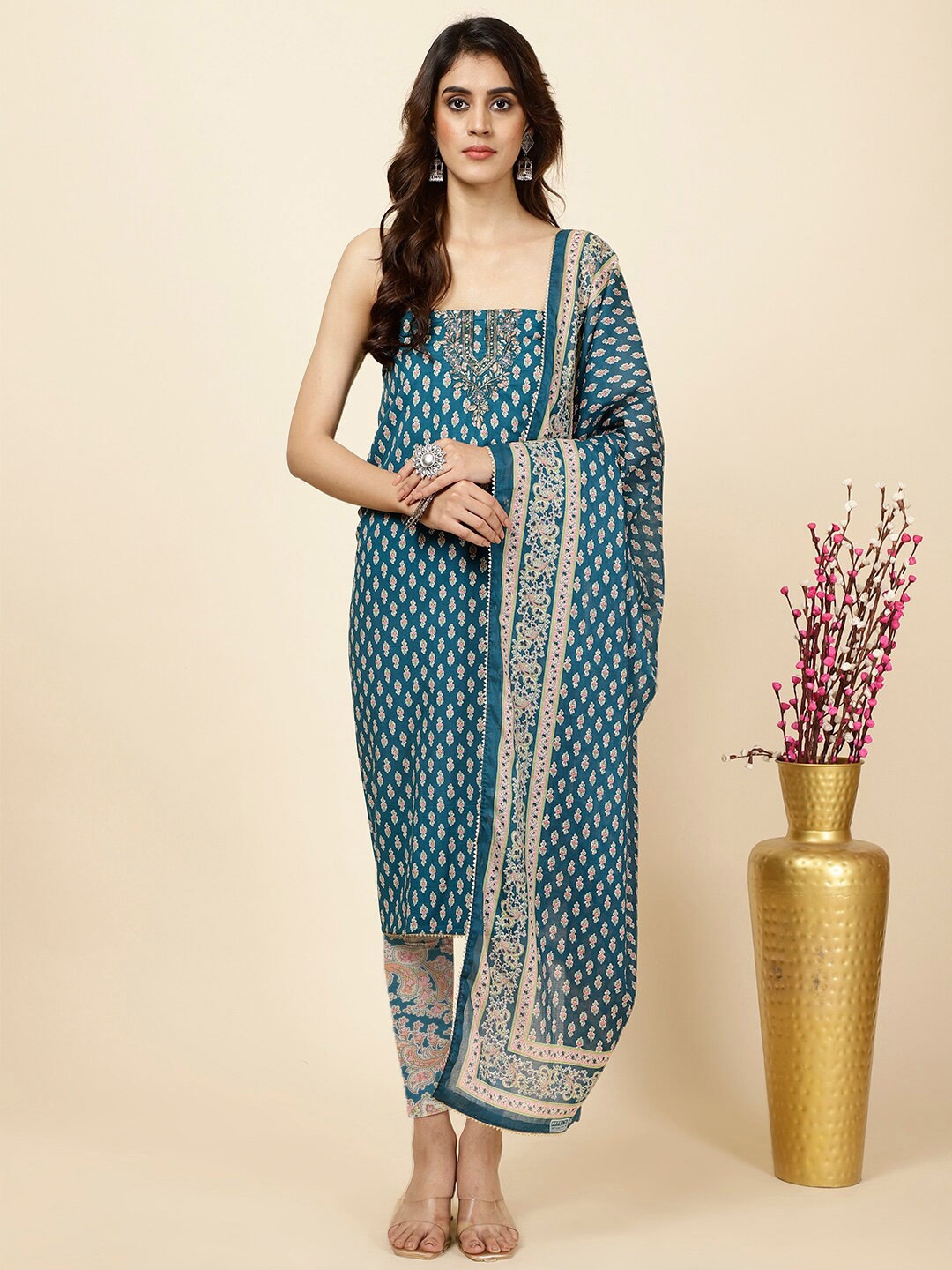 

Meena Bazaar Floral Printed Unstitched Dress Material, Blue