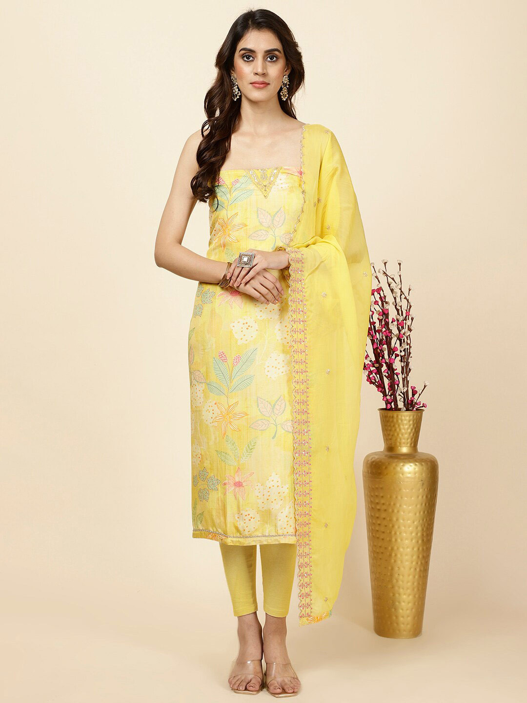 

Meena Bazaar Floral Printed Sequinned Art Silk Unstitched Dress Material, Yellow
