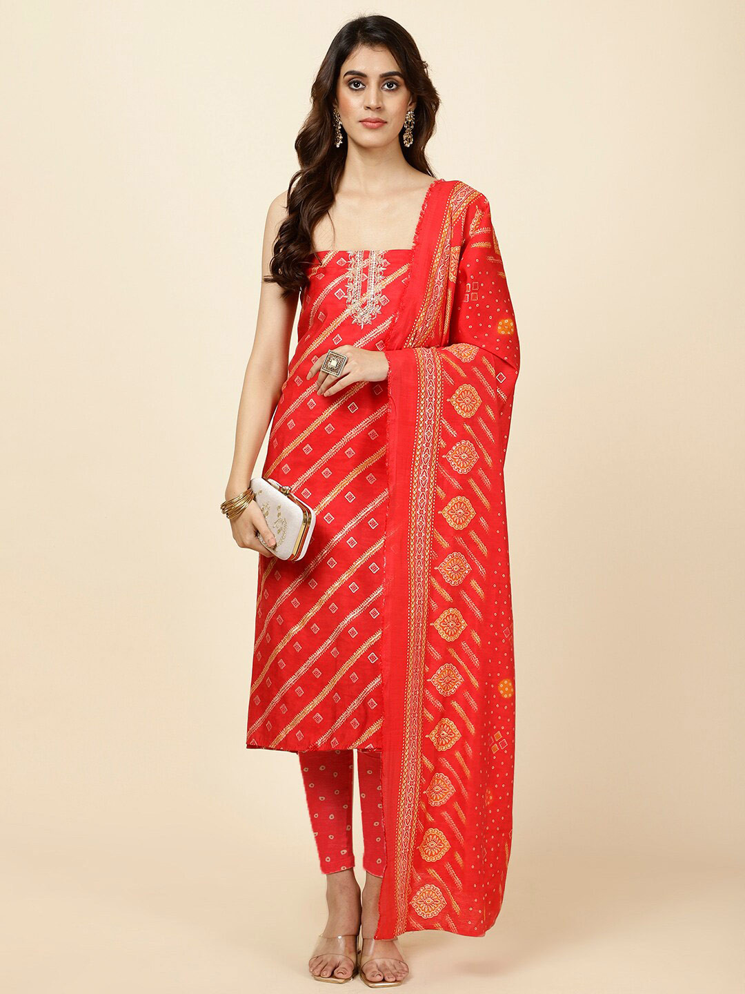 

Meena Bazaar Woven Design Art Silk Unstitched Dress Material, Red