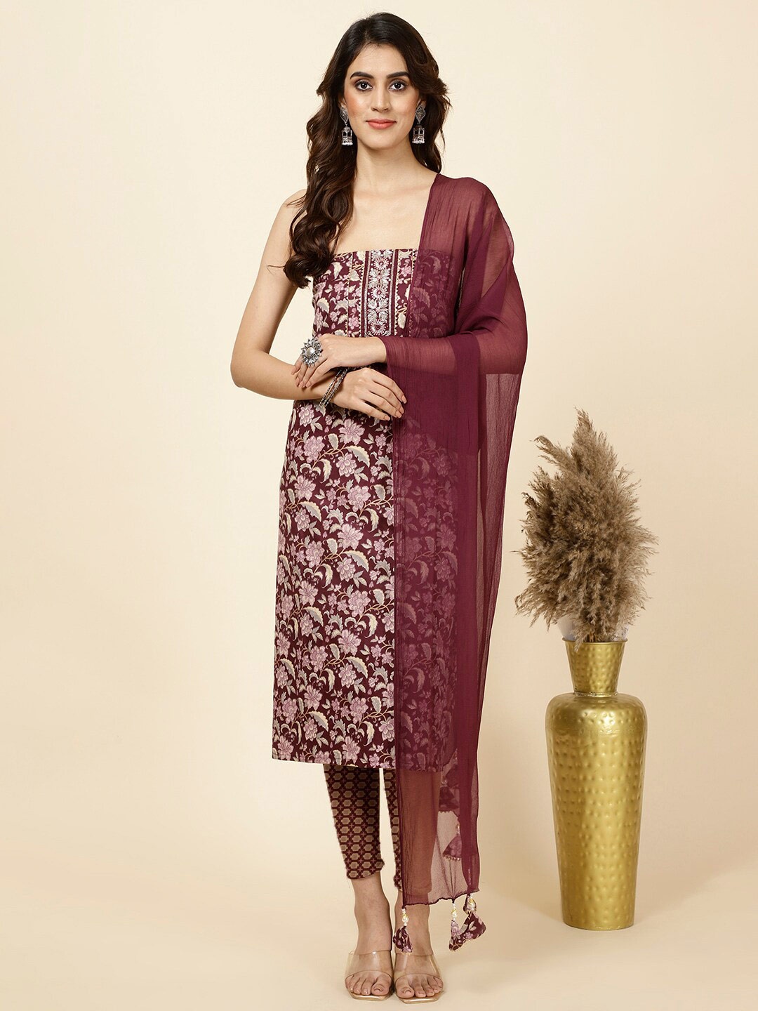 

Meena Bazaar Floral Printed Unstitched Dress Material, Burgundy