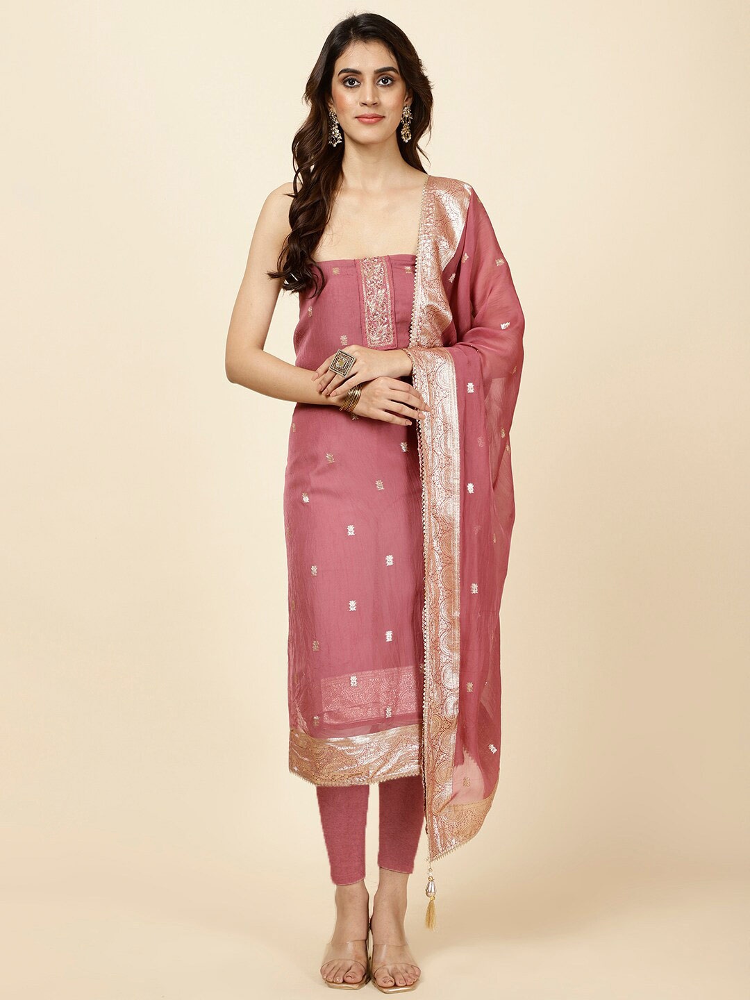 

Meena Bazaar Ethnic Motifs Woven Design Unstitched Dress Material, Pink