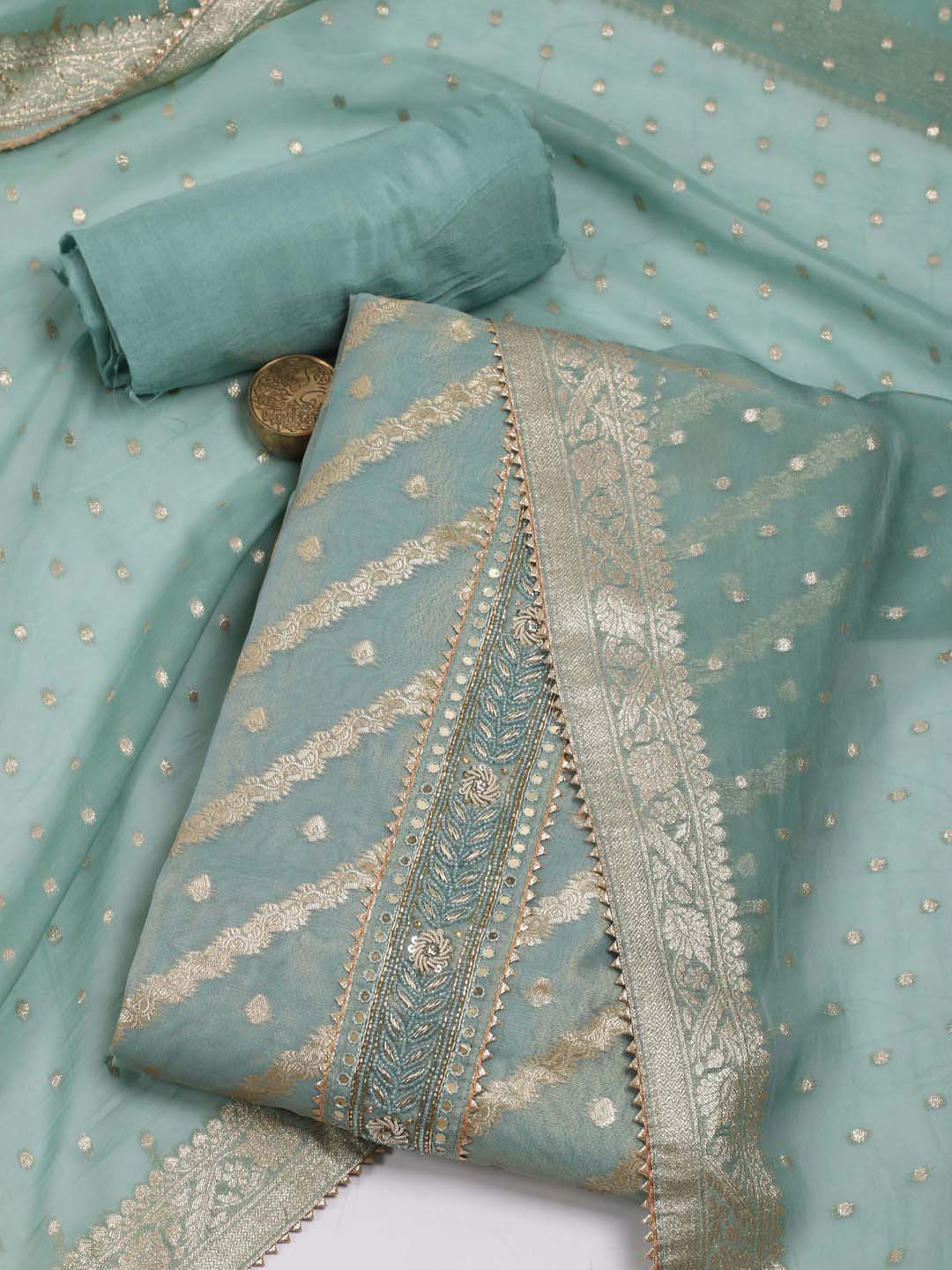 

Meena Bazaar Ethnic Motifs Woven Design Zari Unstitched Dress Material, Sea green