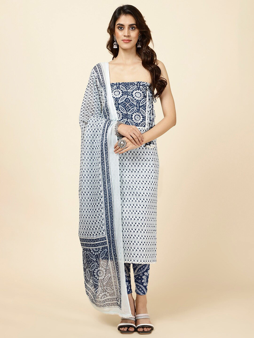 

Meena Bazaar Ethnic Motifs Printed Unstitched Dress Material, White