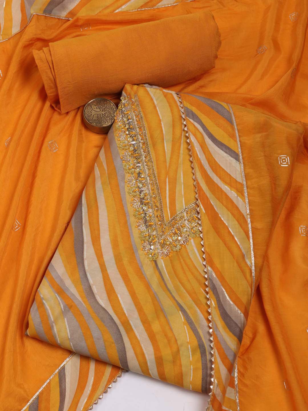 

Meena Bazaar Striped Gotta Patti Art Silk Unstitched Dress Material, Yellow