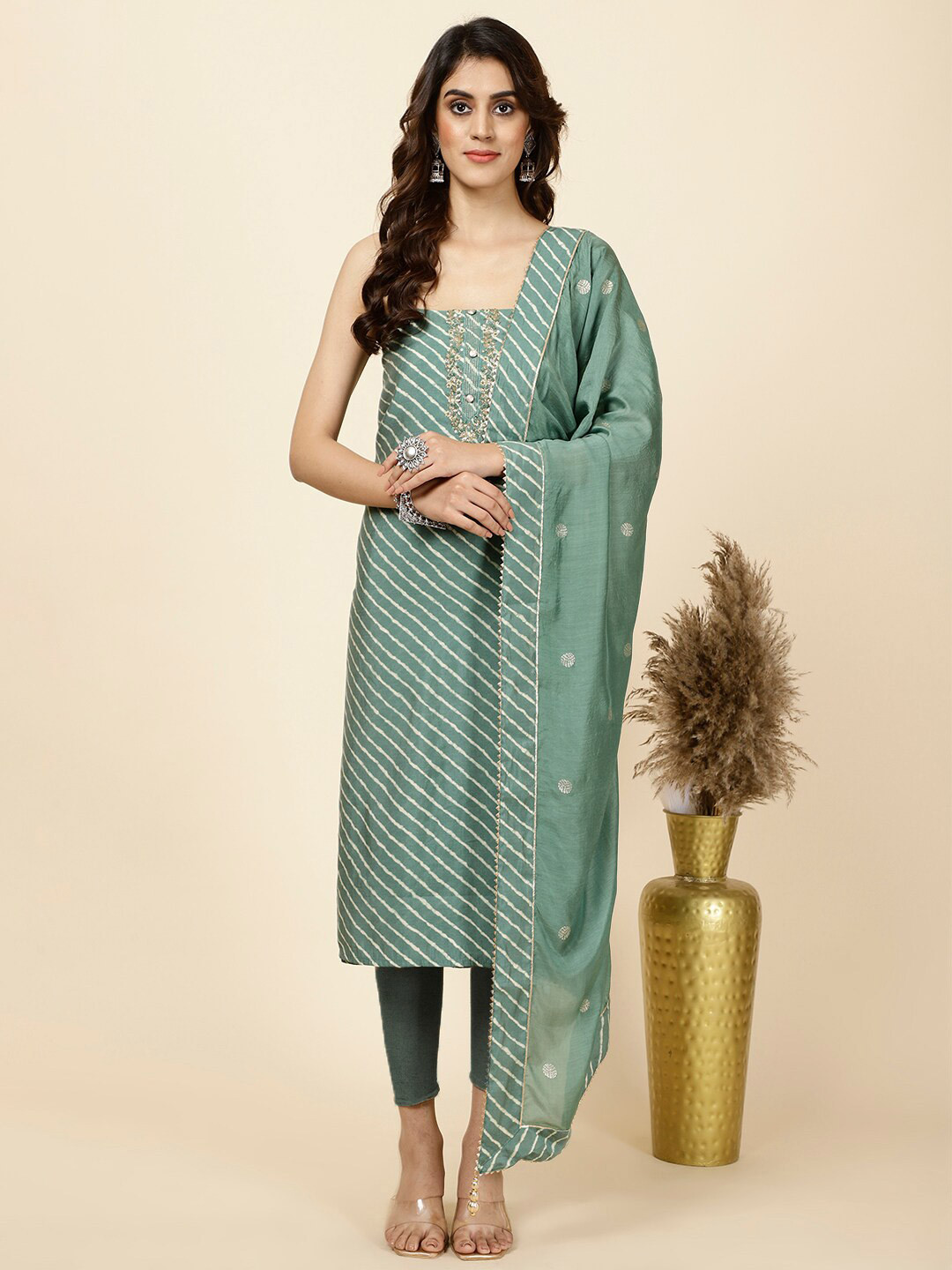 

Meena Bazaar Leheriya Printed Gotta Patti Art Silk Unstitched Dress Material, Green