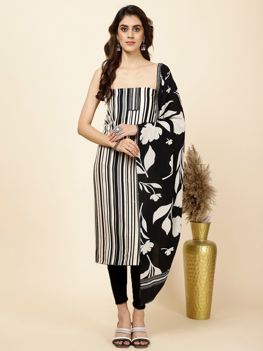 

Meena Bazaar Striped Unstitched Dress Material, Cream