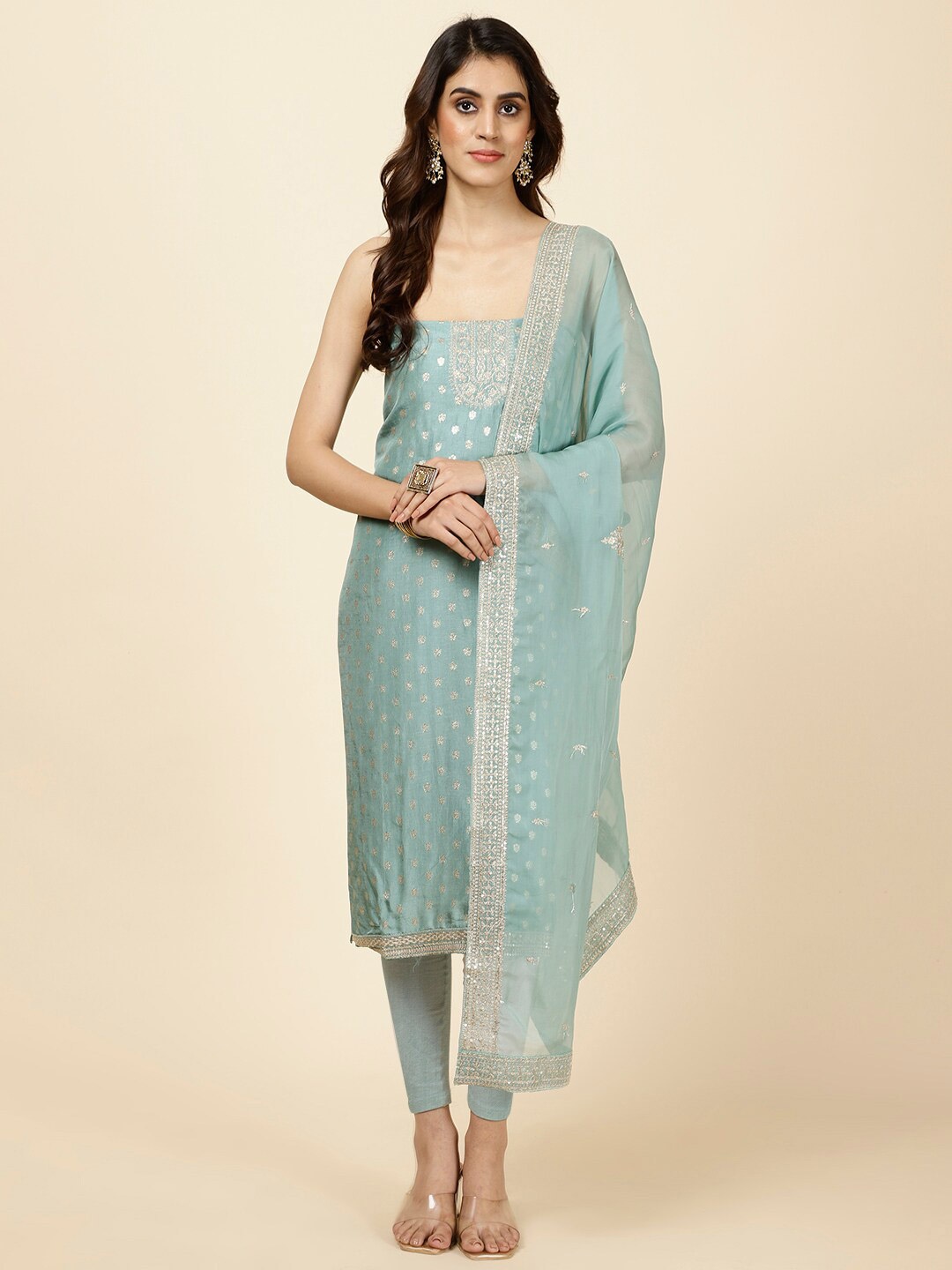 

Meena Bazaar Ethnic Motifs Woven Design Unstitched Dress Material, Sea green