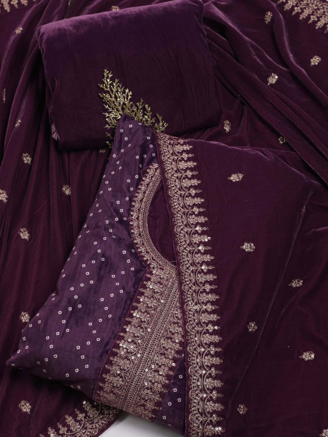 

Meena Bazaar Ethnic Motifs Embroidered Velvet Unstitched Dress Material, Purple