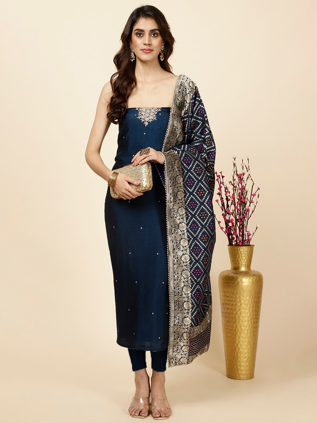 

Meena Bazaar Floral Embroidered Beads & Stones Unstitched Dress Material, Navy blue
