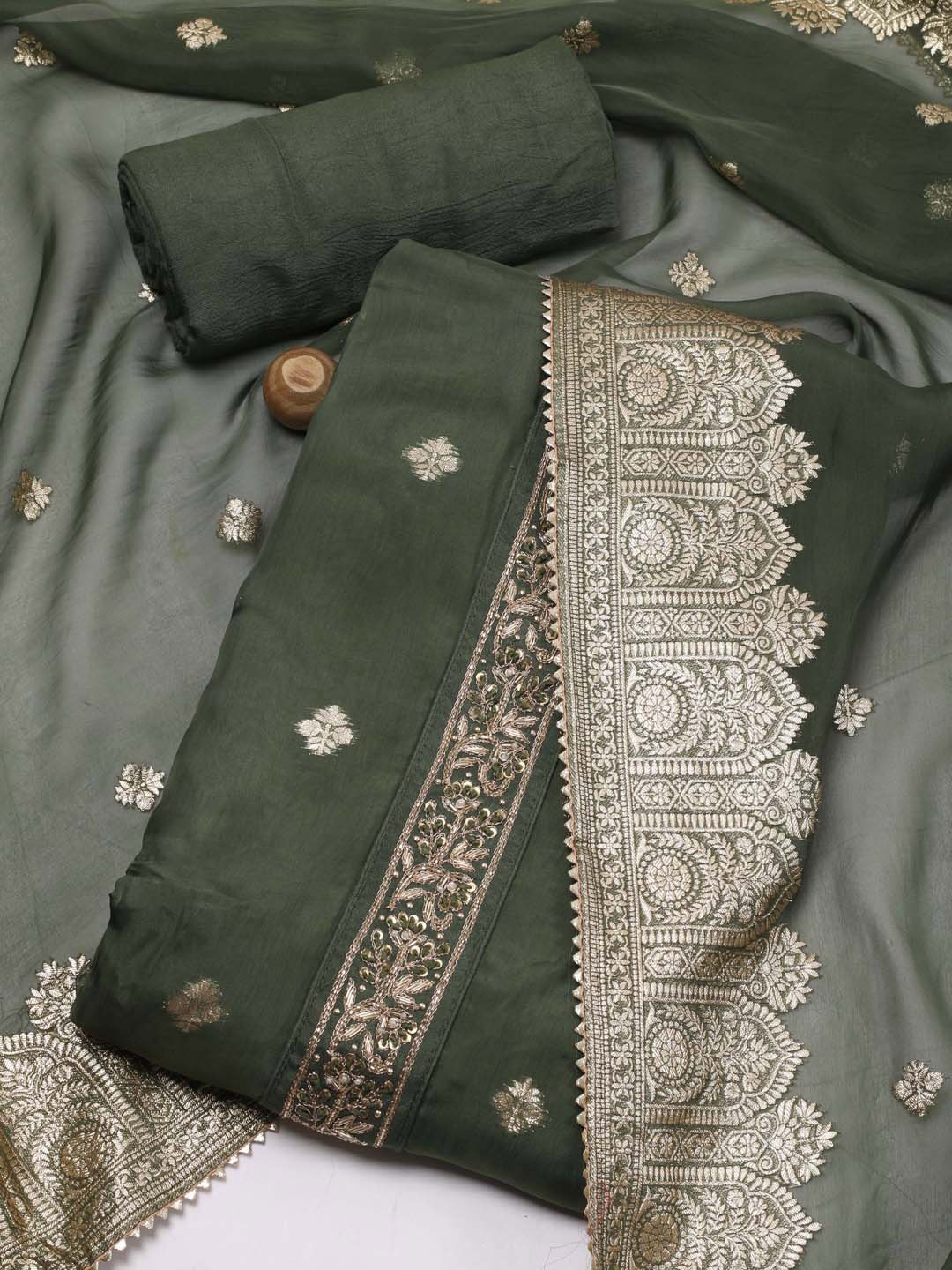 

Meena Bazaar Ethnic Motifs Woven Design Zari Unstitched Dress Material, Green